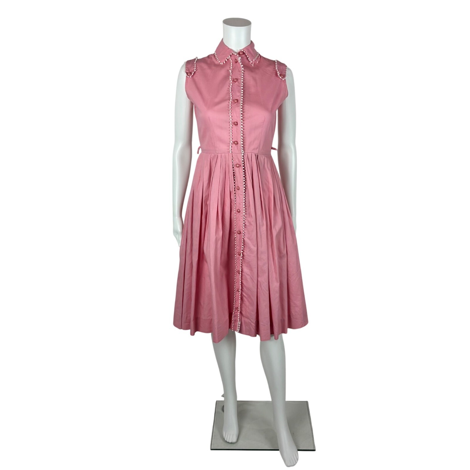 Vintage 50s Pink Shirtdress Women&rsquo;s Size XXS Cotton Scallop Trim Fit & Flare