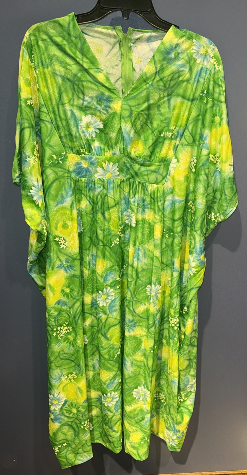 1960s Gown, Green Floral Nylon Back Zip, USA Unbranded Hippie, Festival Day