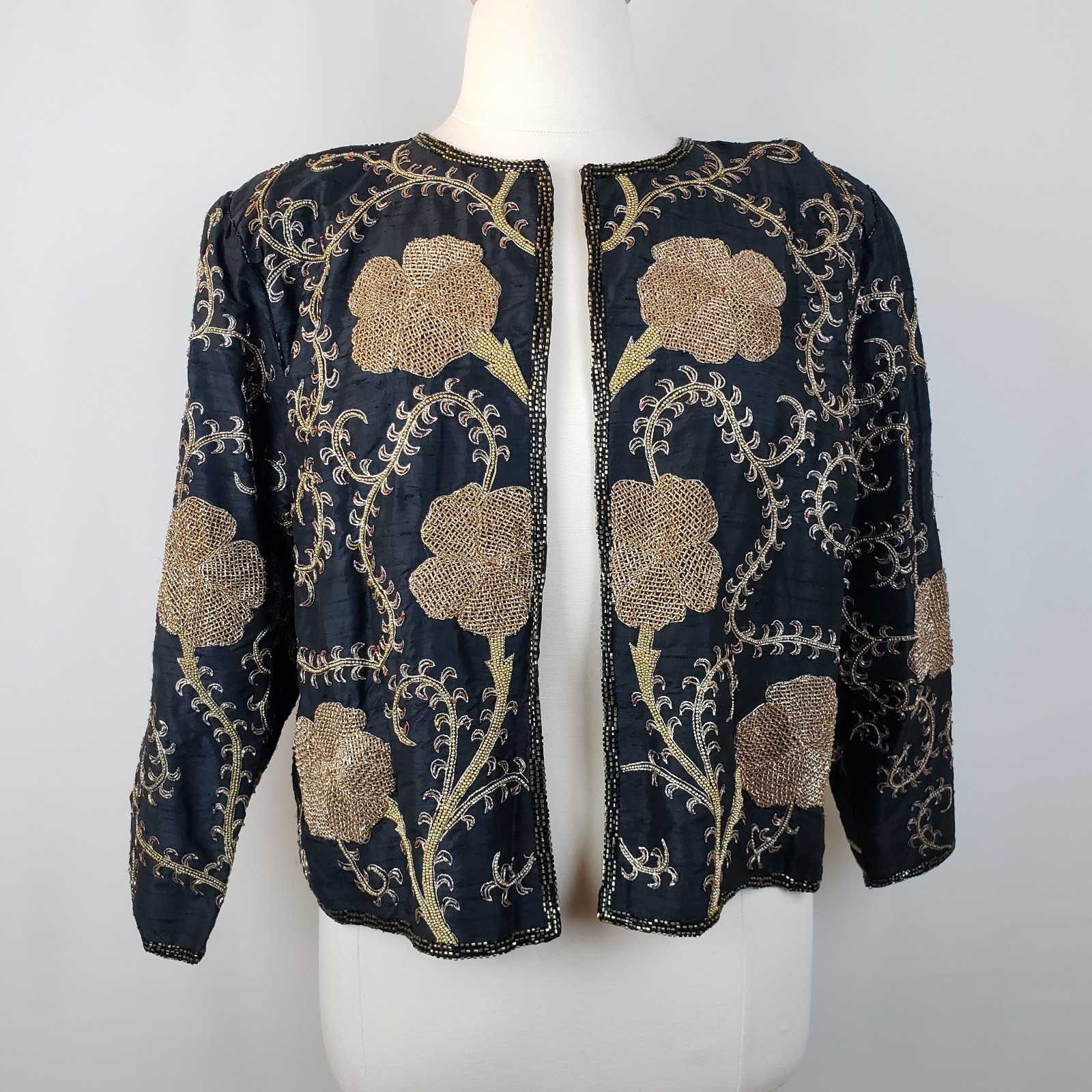 Vintage Starlight Evening Jacket XXL Black Silk Gold Beading Embroidery Handmade
