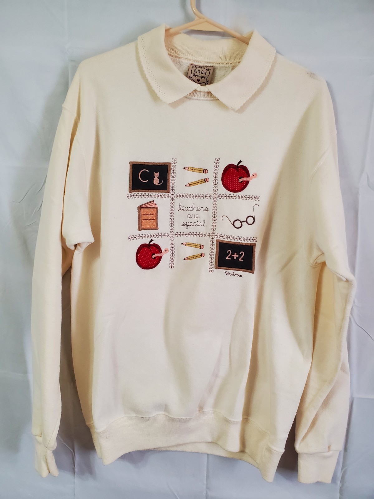 Vintage Valorie&rsquo;s Folk Art Applique Sweater Size L/XL Teacher Beige School Math