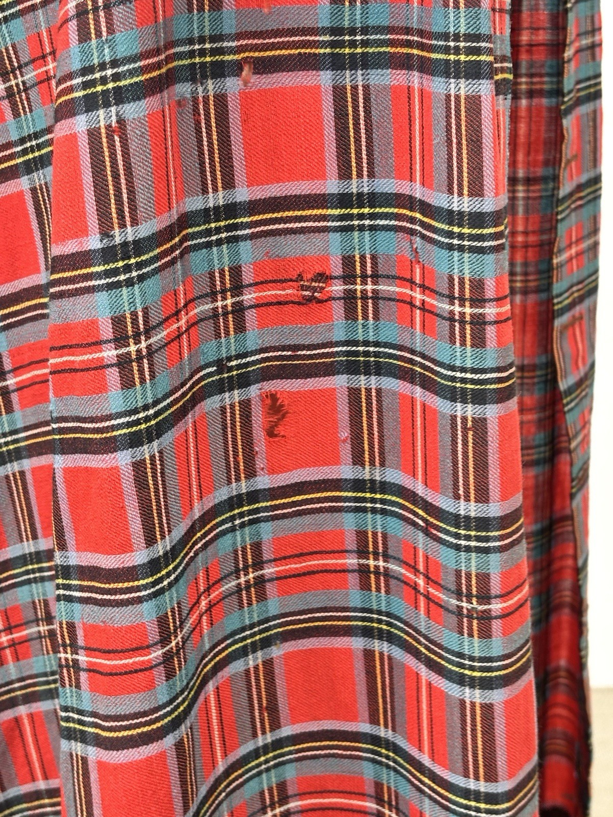Antique Victorian Walking Coat Plaid Red Green Black Yellow Burnout Velvet AS IS