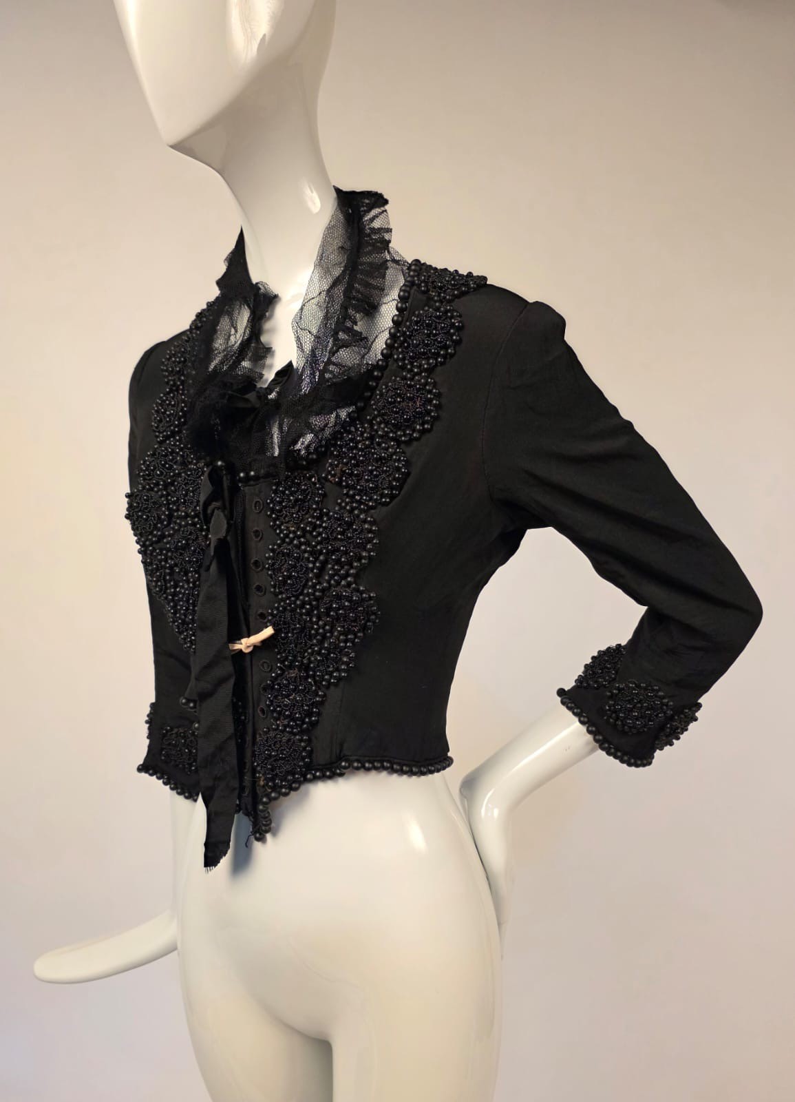 VICTORIAN 1890’S BLACK SILK BODICE W BUBBLE GLASS BEADING + CORSET LACING FRONT