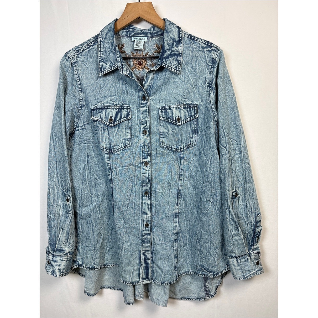 NOSTALGIA Button Up Cotton Denim Embroidered Long Sleeve Western Top size Large