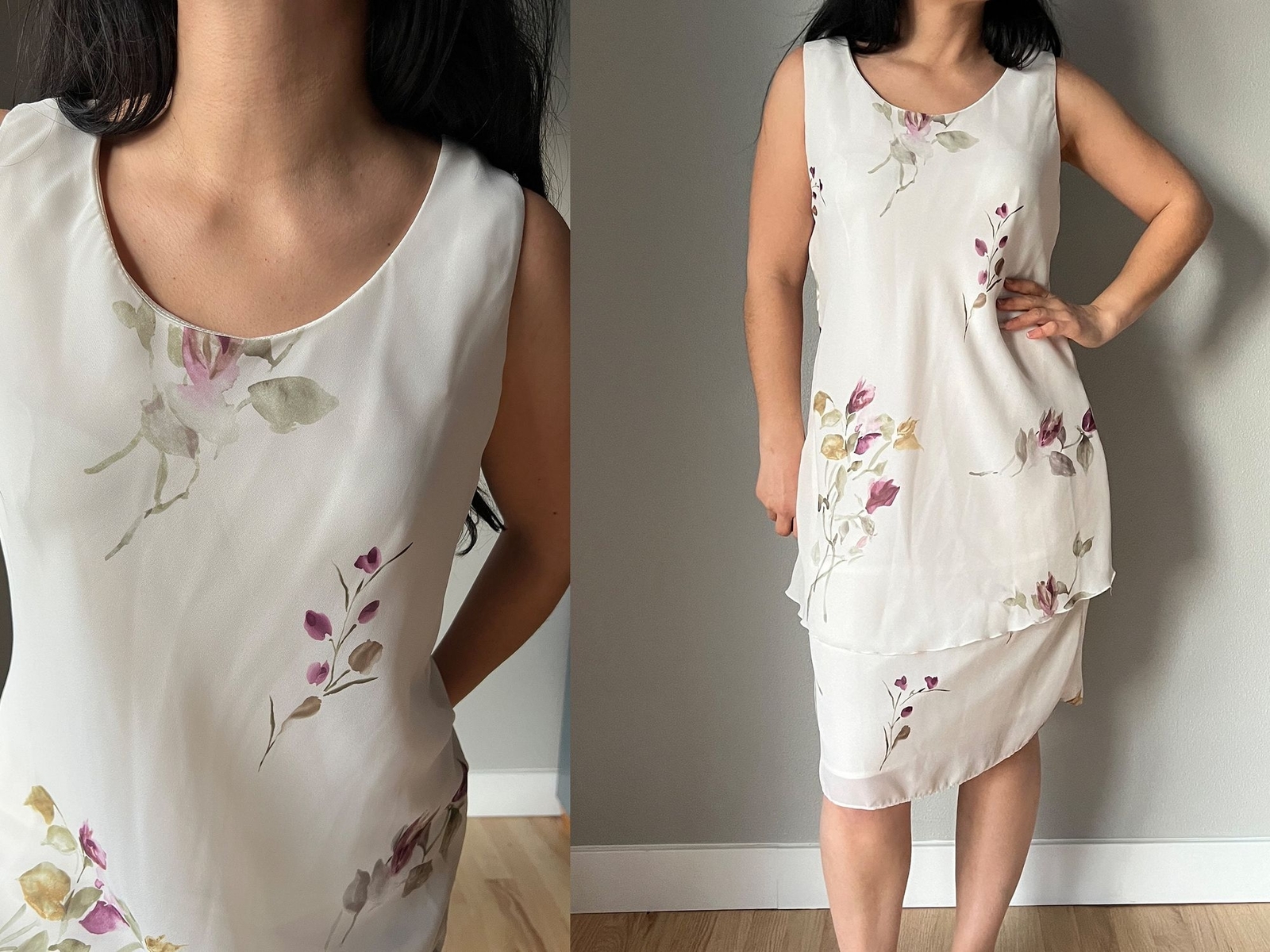 Vtg Jeffrey And Dara Floral Midi Dress Sz 8 beige purple Shift sleeveless tiered