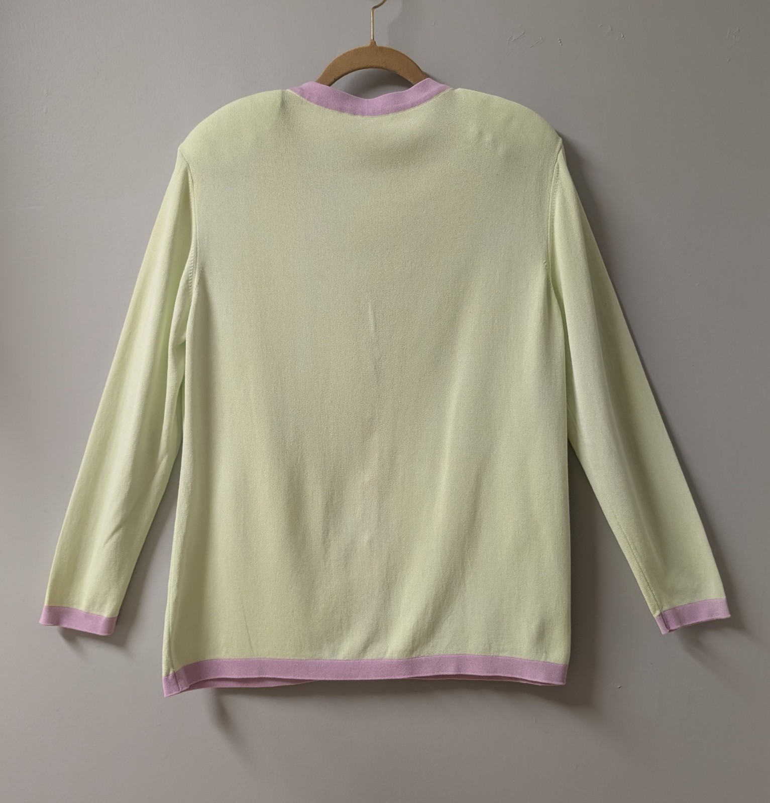 Escada Vintage V-Neck Cardigan Sweater Chartreuse Yellow Lilac Pink Germany 46