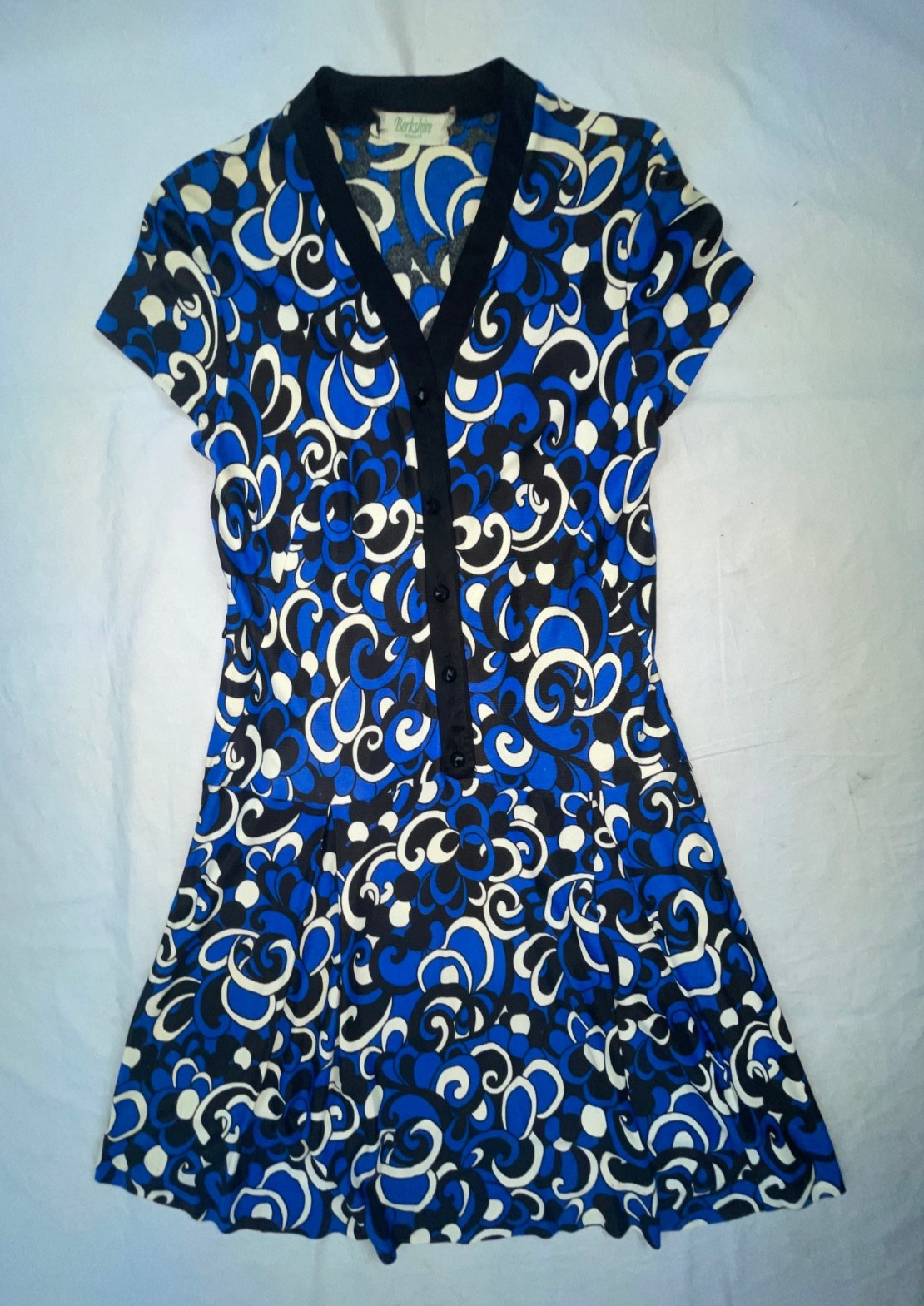 VTG 60s 70s WOMENS S BERKSHIRE BLUE GEOMETRIC DISCO RETRO BUTTON PARTY DRESS