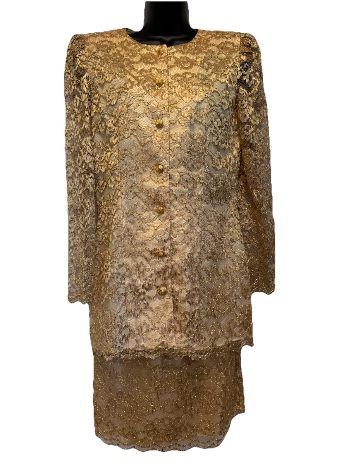 VTG Lisa Michaels 2 Piece Set Blazer & Skirt Women’s 6 Gold Lace Embroidered
