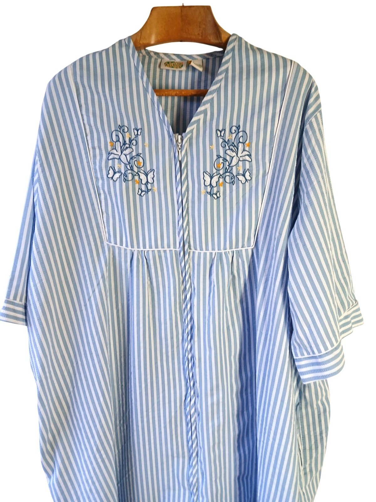 Vintage Collections Blue White Striped Seersucker House Dress Robe Size XXXL 3Xl