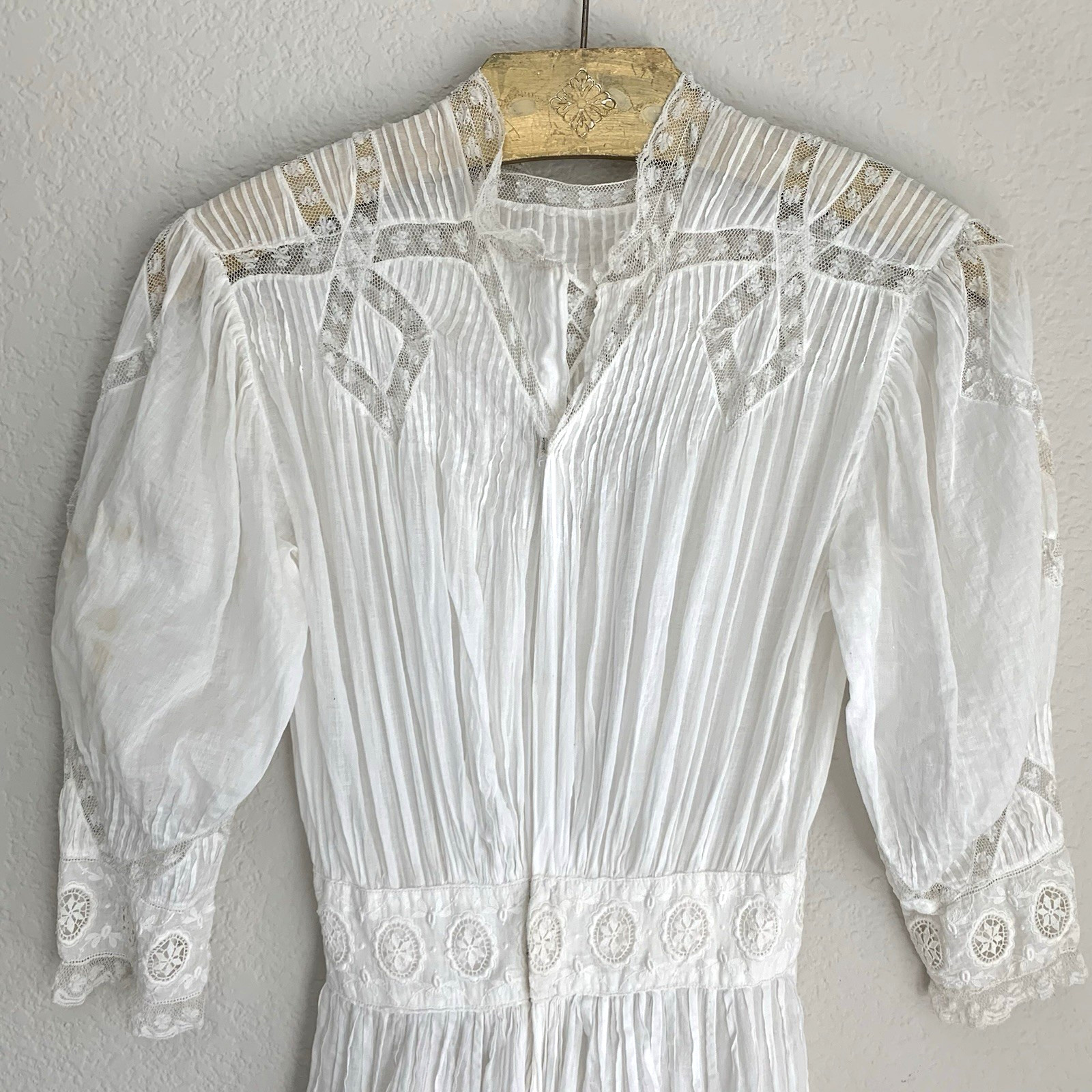 Antique Edwardian White Cotton Lace Lingerie Tea Dress 2XS Maxi Lawn Gown VTG