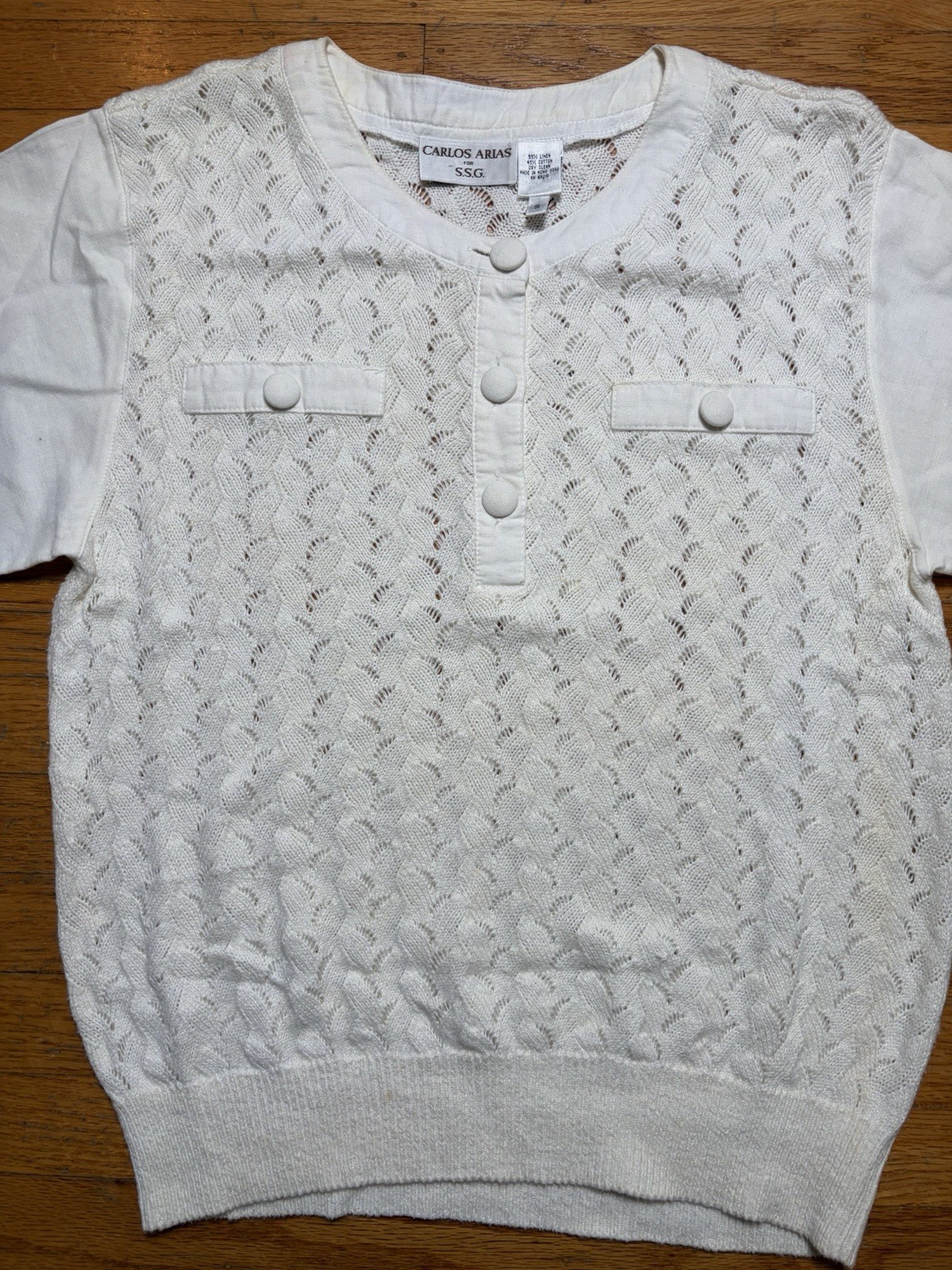 Vintage 90s Carlos Arias Short Sleeve Sweater Top Sz S Cotton Linen Blend White
