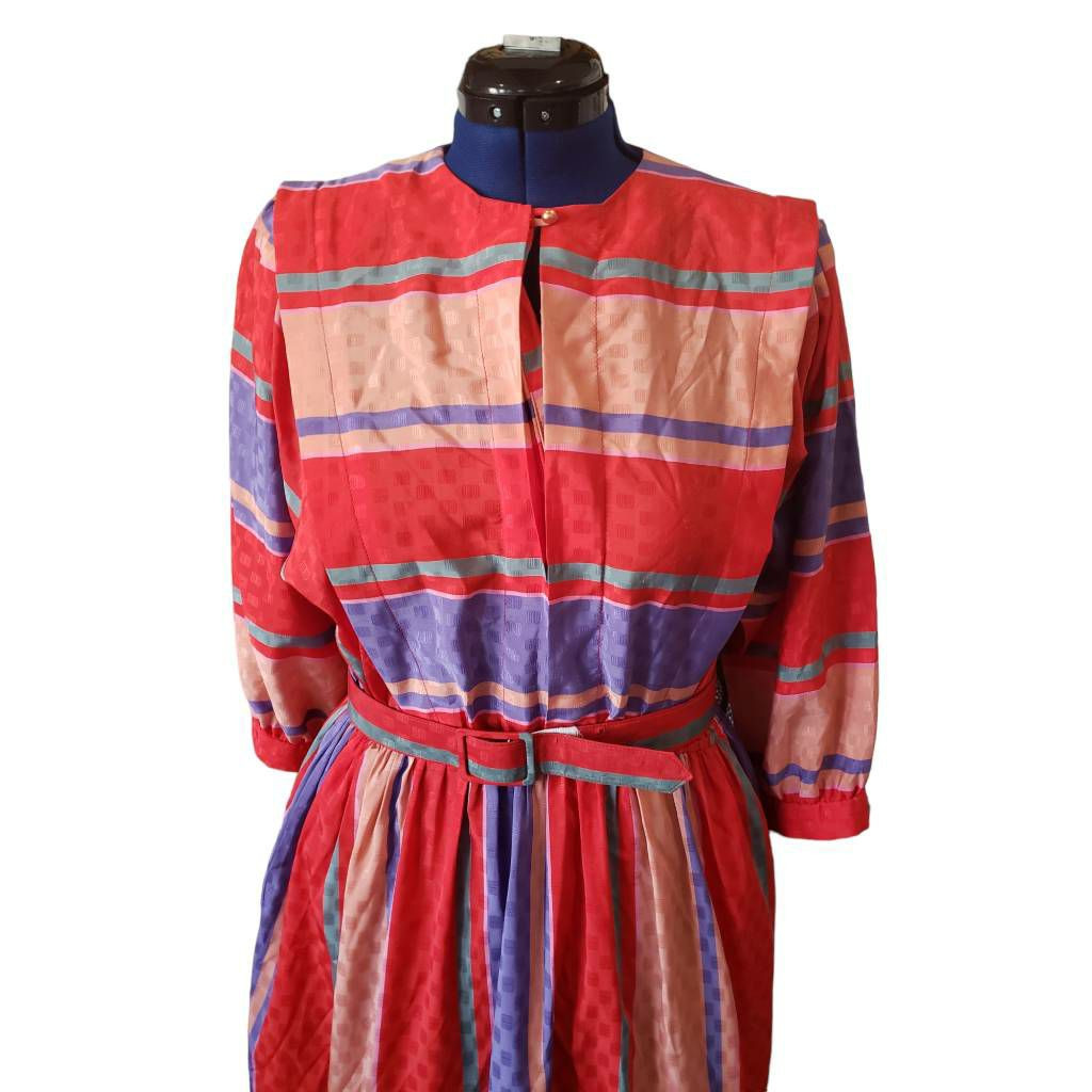 Jackie Taub Womens Dress Multicolor Striped Belted Midi 3/4 Sleeve size 14 AA178