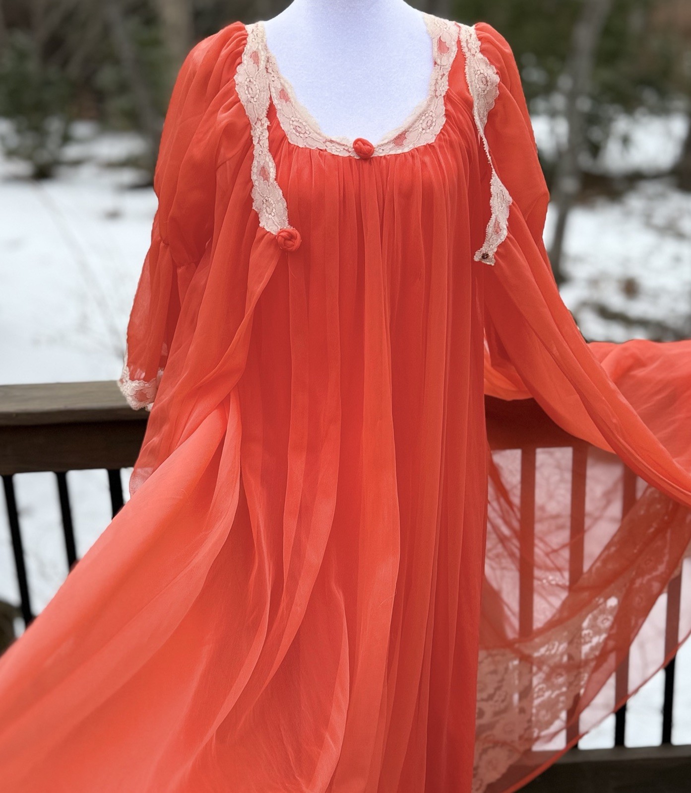 Vtg Intime Nightgown & Robe Double Chiffon Peignoir Set Flame Orange Sweep S M +