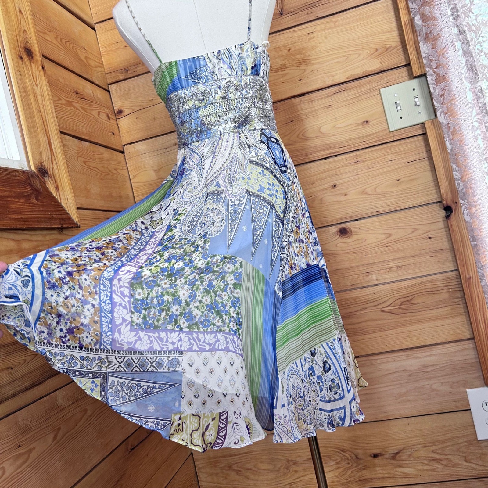Vintage 100% Silk Paisley Patchwork Dress Size 4 Blue Handkerchief JS Collection