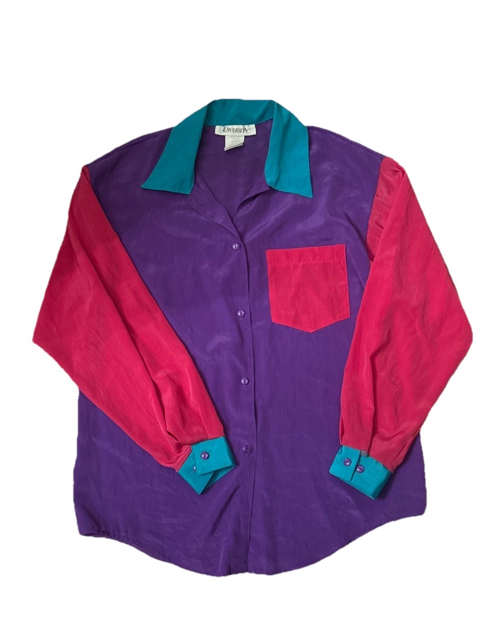 Vintage 90s Color block Button Up Shirt Purple Pink Green Diversity Size 12