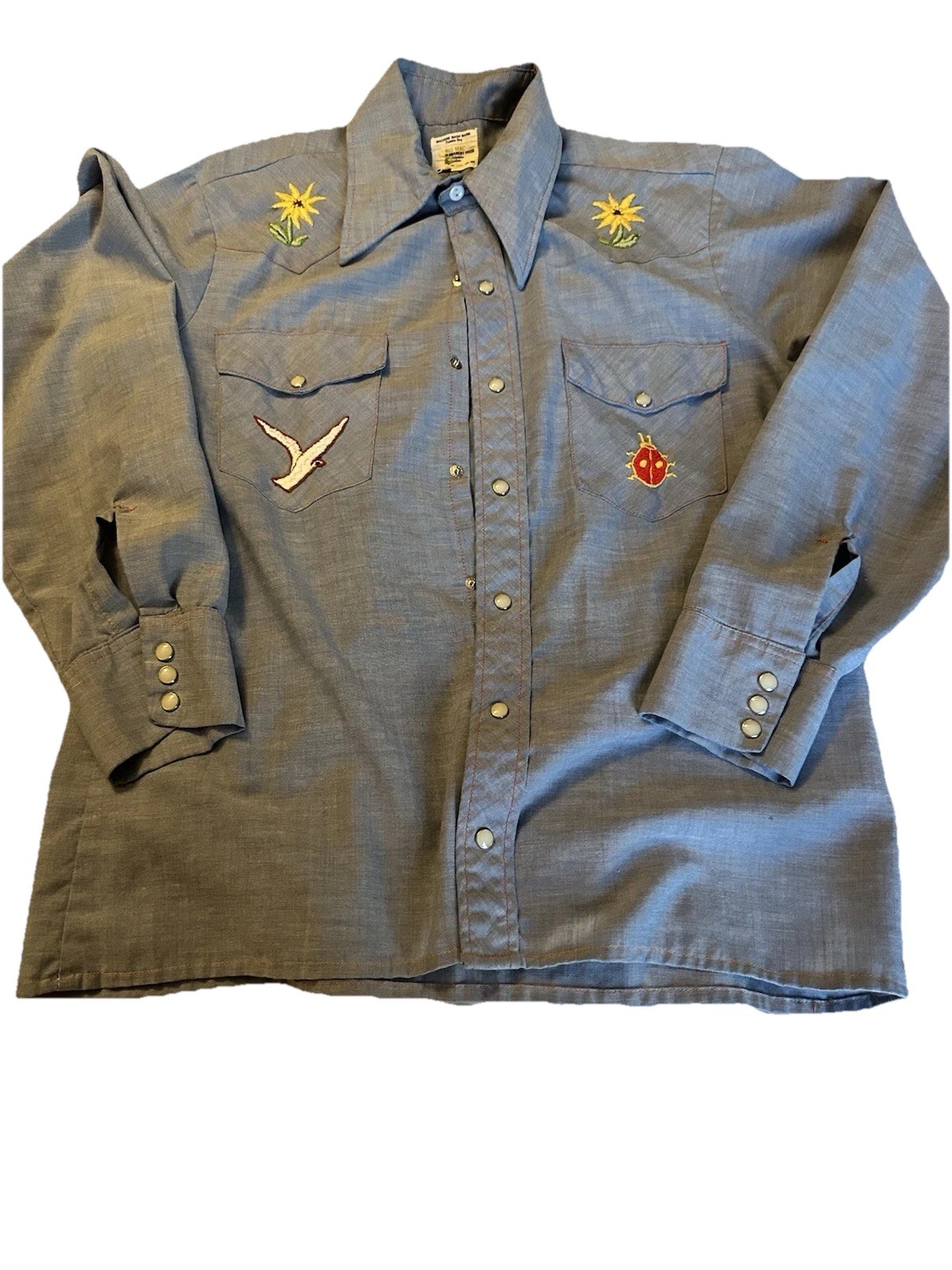 Vintage 70&rsquo;s Big Mac JC Penny Chambray Shirt Blue Embroidered Western Farmers