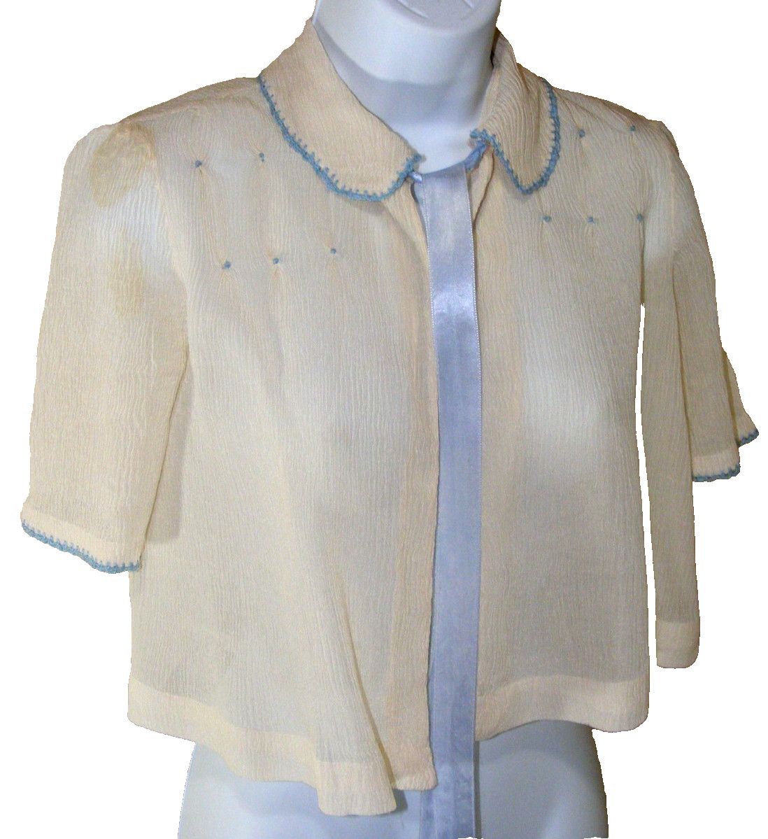 1930S CREPE BED JACKET VINTAGE LINGERIE SLEEPWEARPALE BLUE TRIM SATIN RIBBON SM