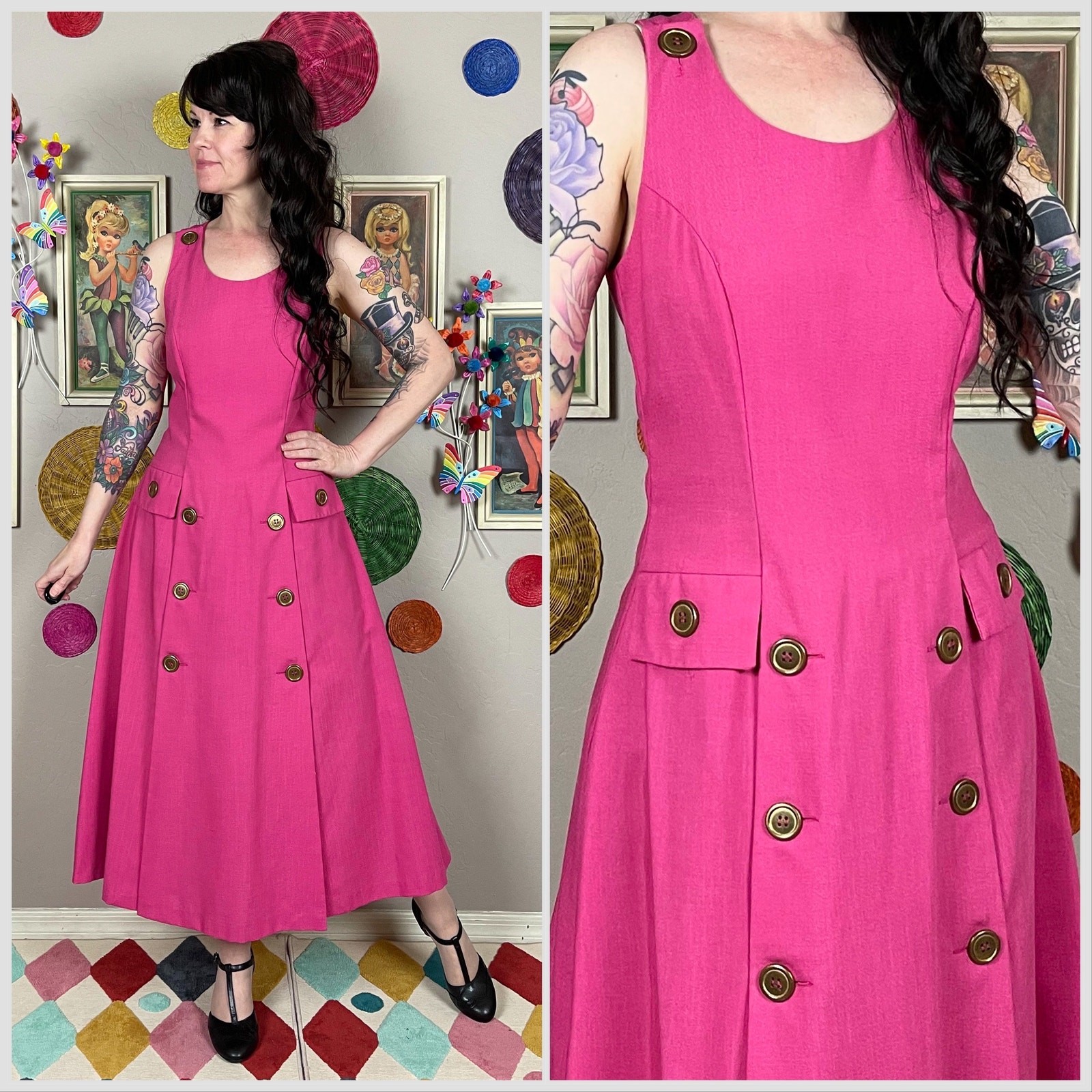 Vintage 1980s Pink Sleeveless Crisscross Back Midi Dress | 30&Prime; Waist