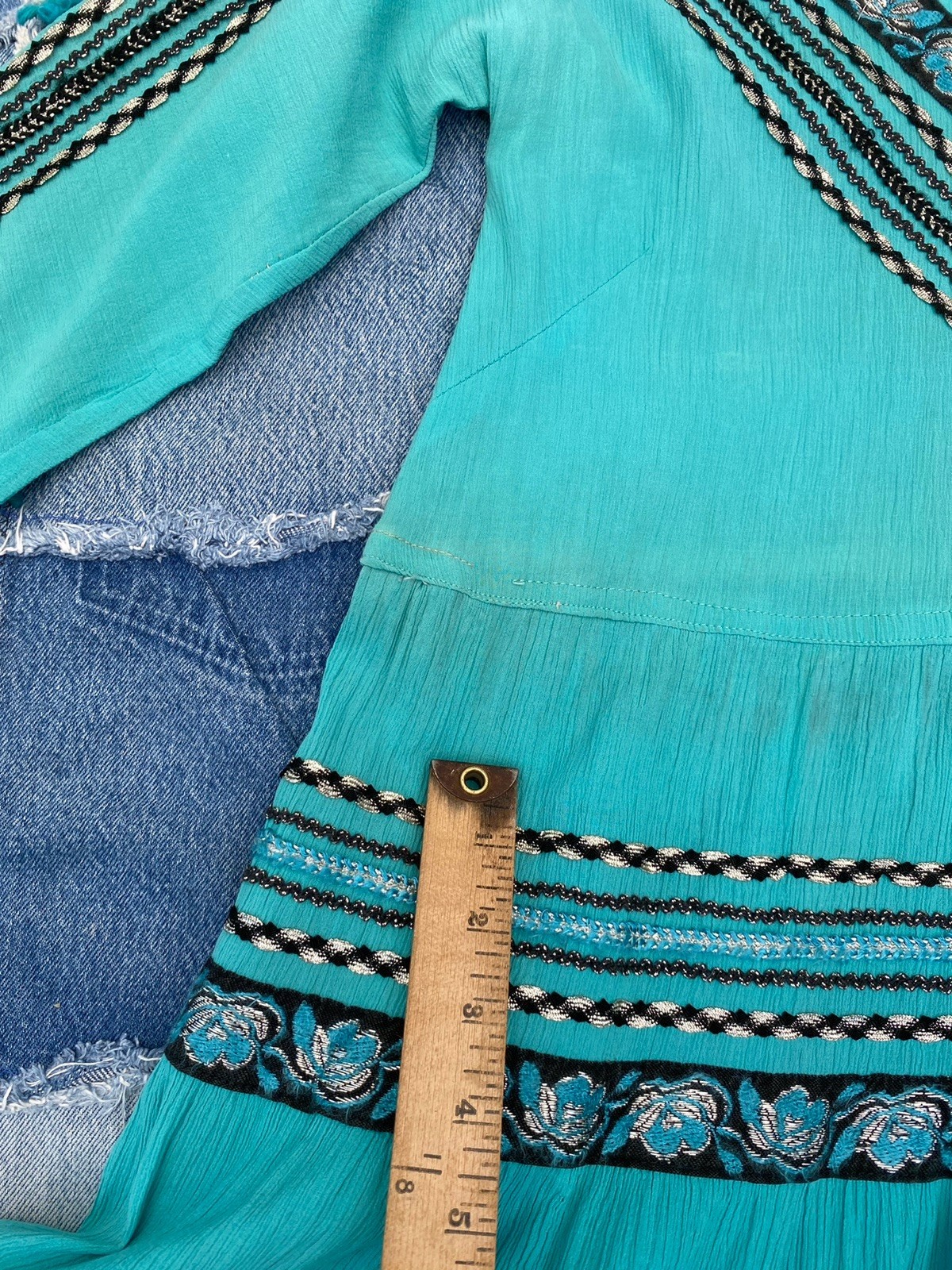 Vintage 1950s Western Patio Fiesta Dress Ric Rac Crinkle Cotton Ranchwear 34/36W