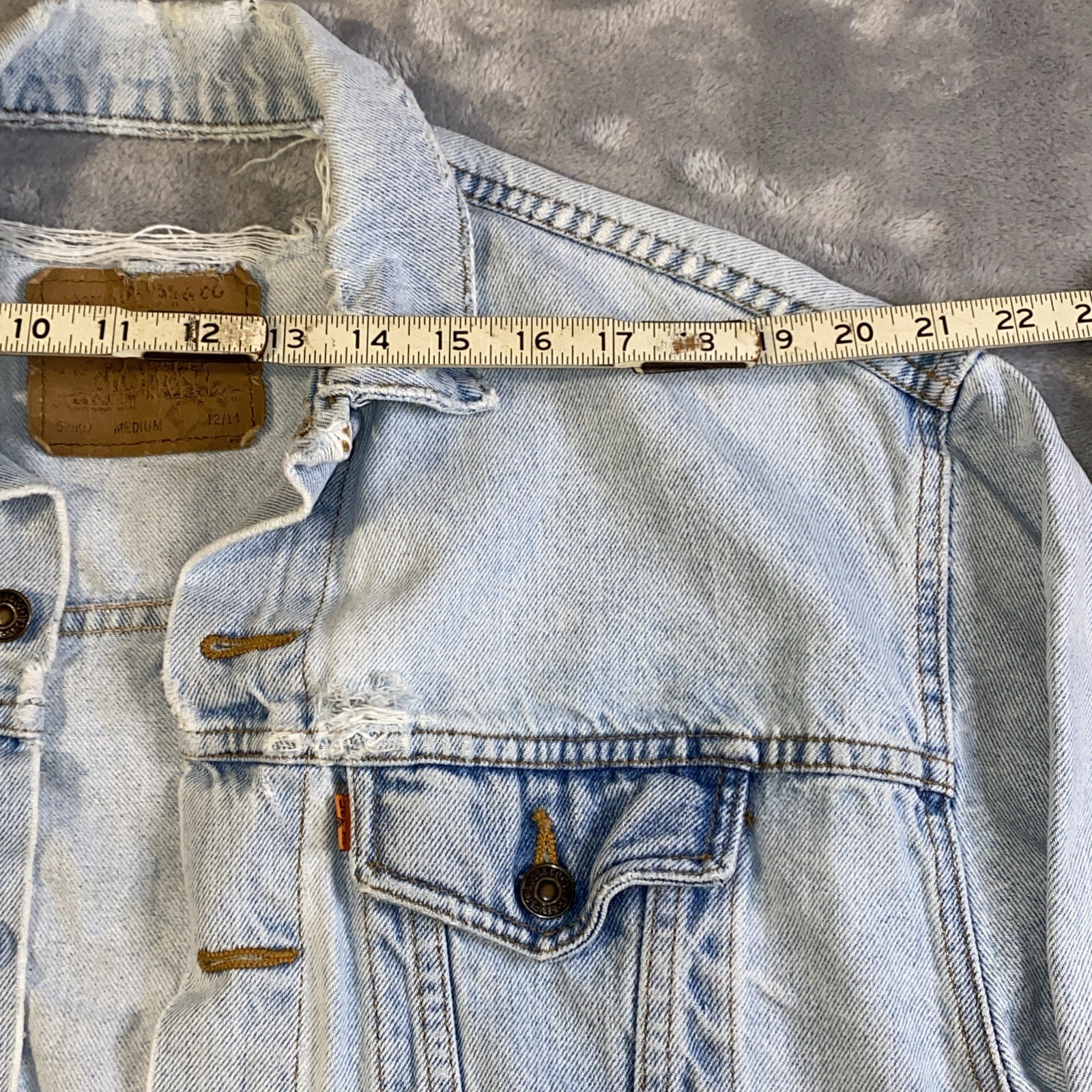 VTG Levis Orange Tab Trucker Jean Jacket 90’s Medium 12/14 Destroyed 57507 USA