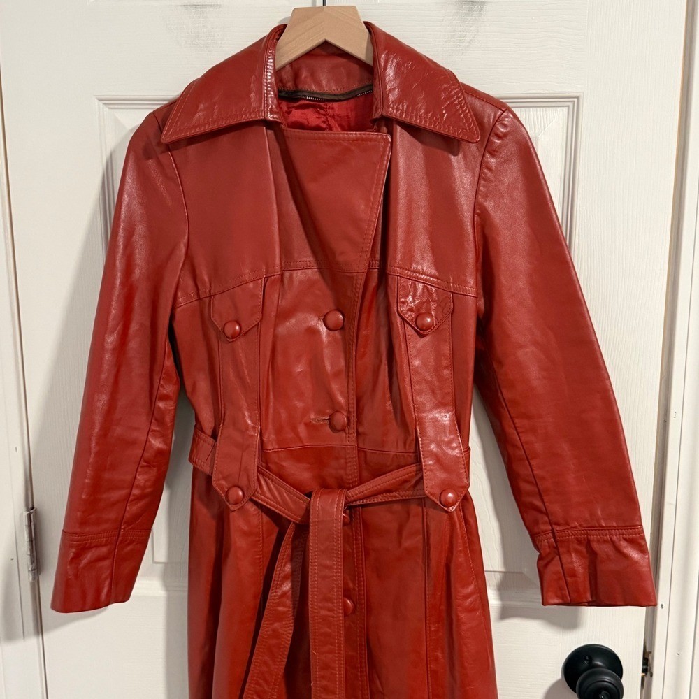 Vtg Leathercraft Process Leather Trench Coat Women 8 Belted USA Made Classic