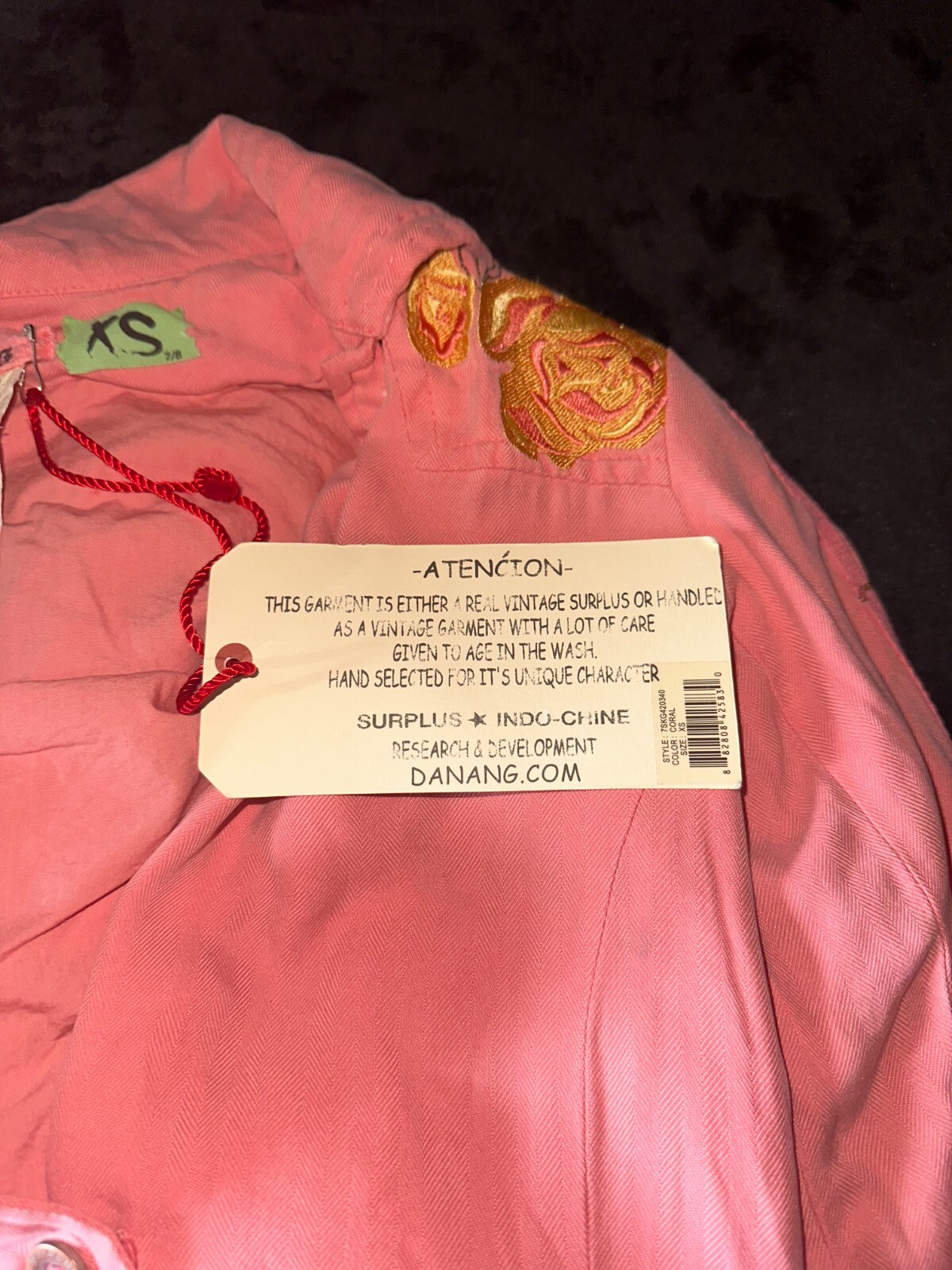 DA-NANG Surplus Indo-Chine Peach Embroidered Utility Cargo Jacket Sz XS NWT