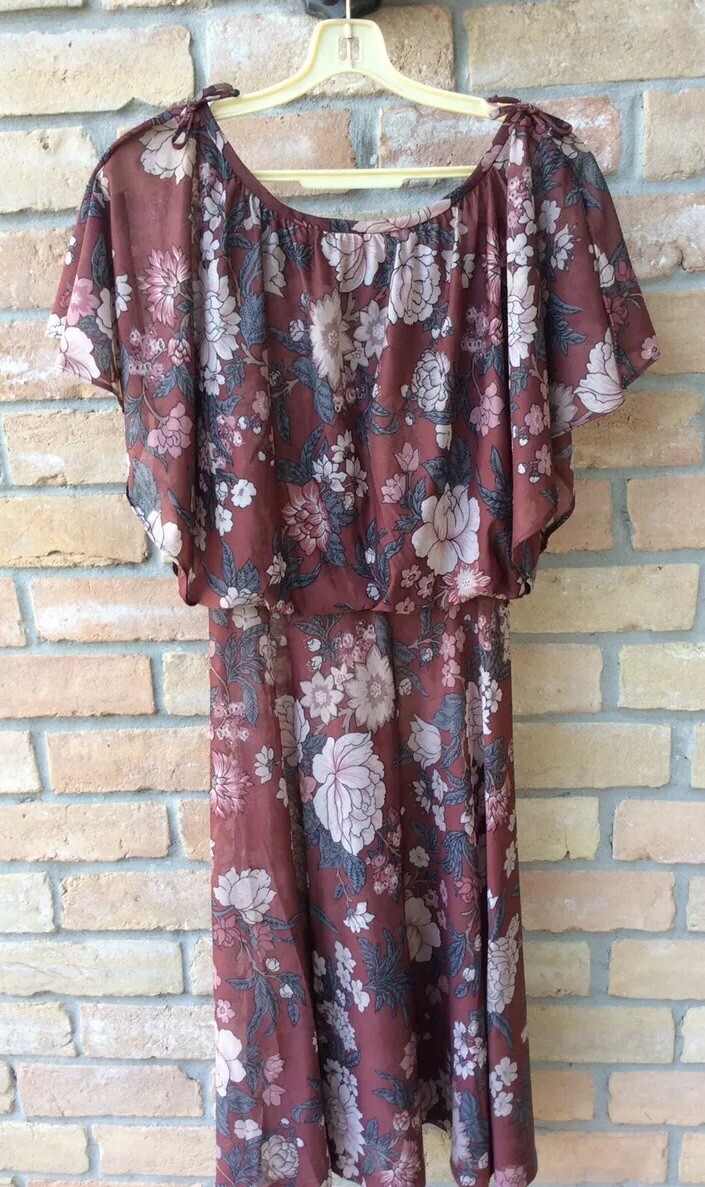 VTG 70s Tracy Floral Earth Tones Secretary Dress XS? Cape Flutter Disco 25&Prime;W