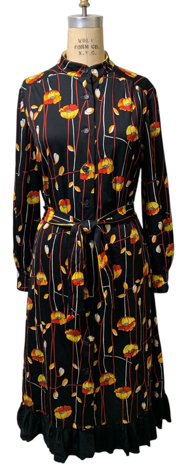 Vintage 70s Women&rsquo;s LS Black Polyester Knit Floral Stripe Shirtwaist Dress Sz L