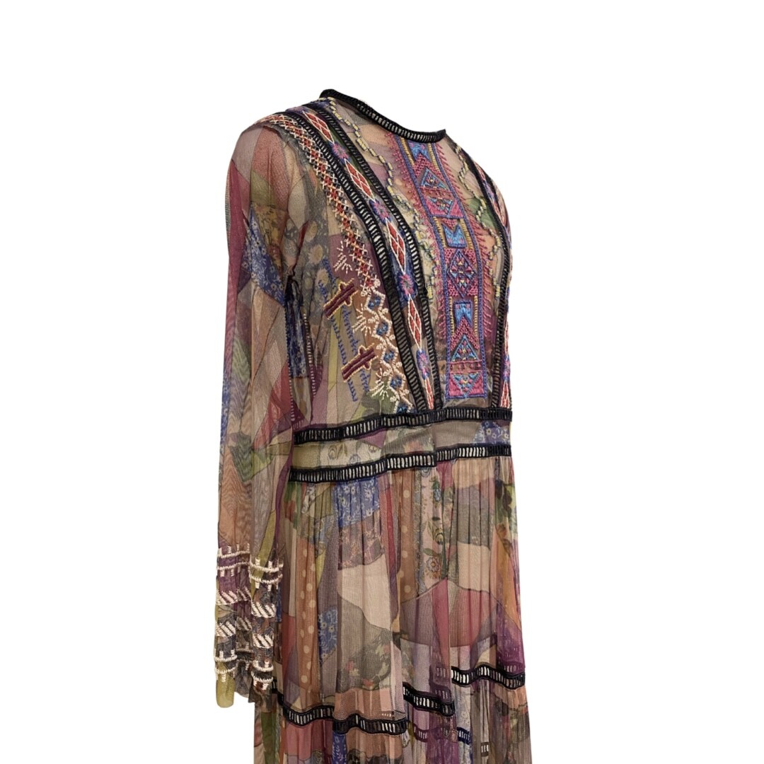 Johnny Was Biya Romantic Embroidered Boho Bohemian Tiered Printed Gervase Dress