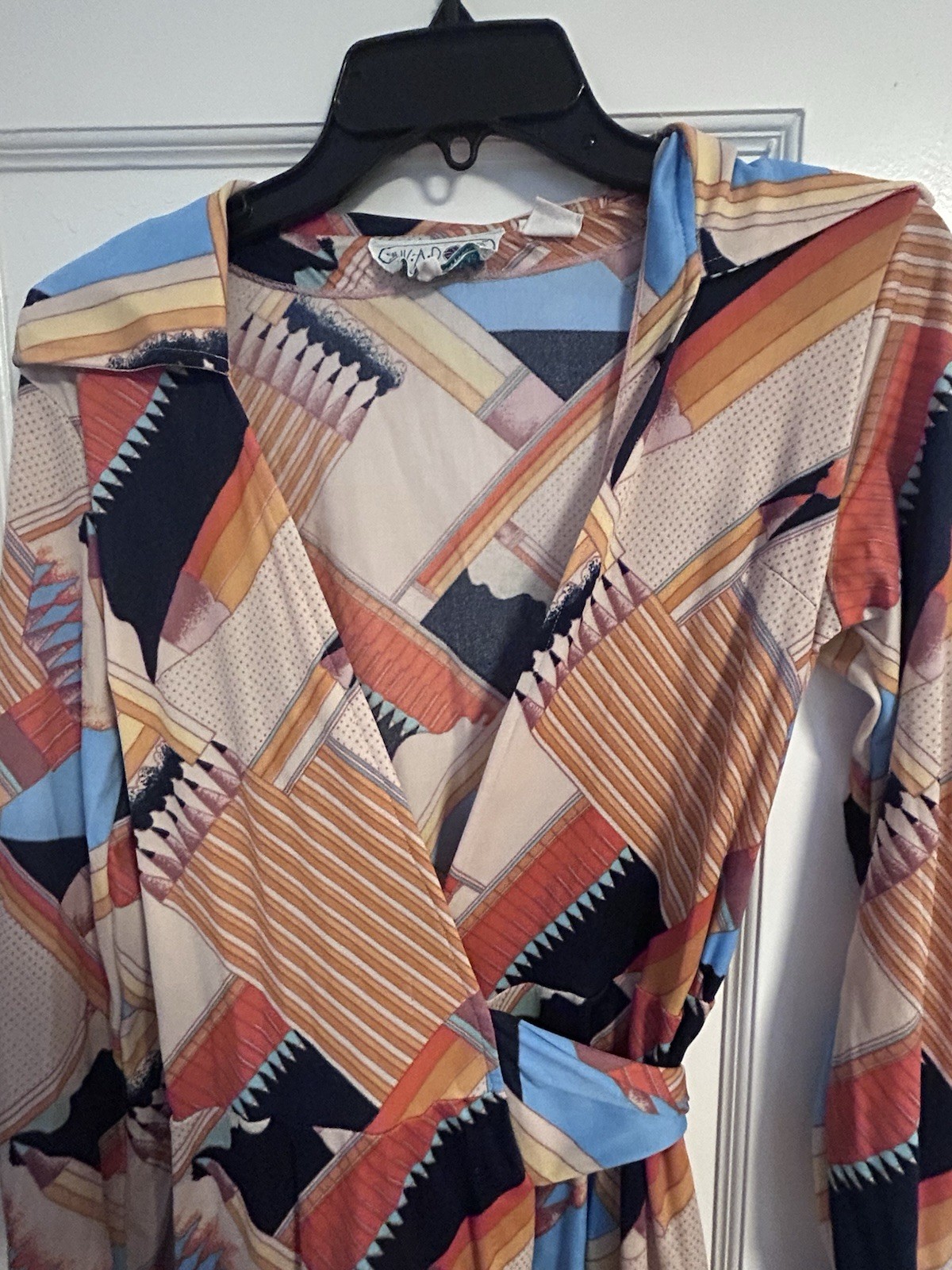 Vintage 70s Huk-A-Poo Wrap Dress Geometric Disco Print XS S Nylon Jersey Mod