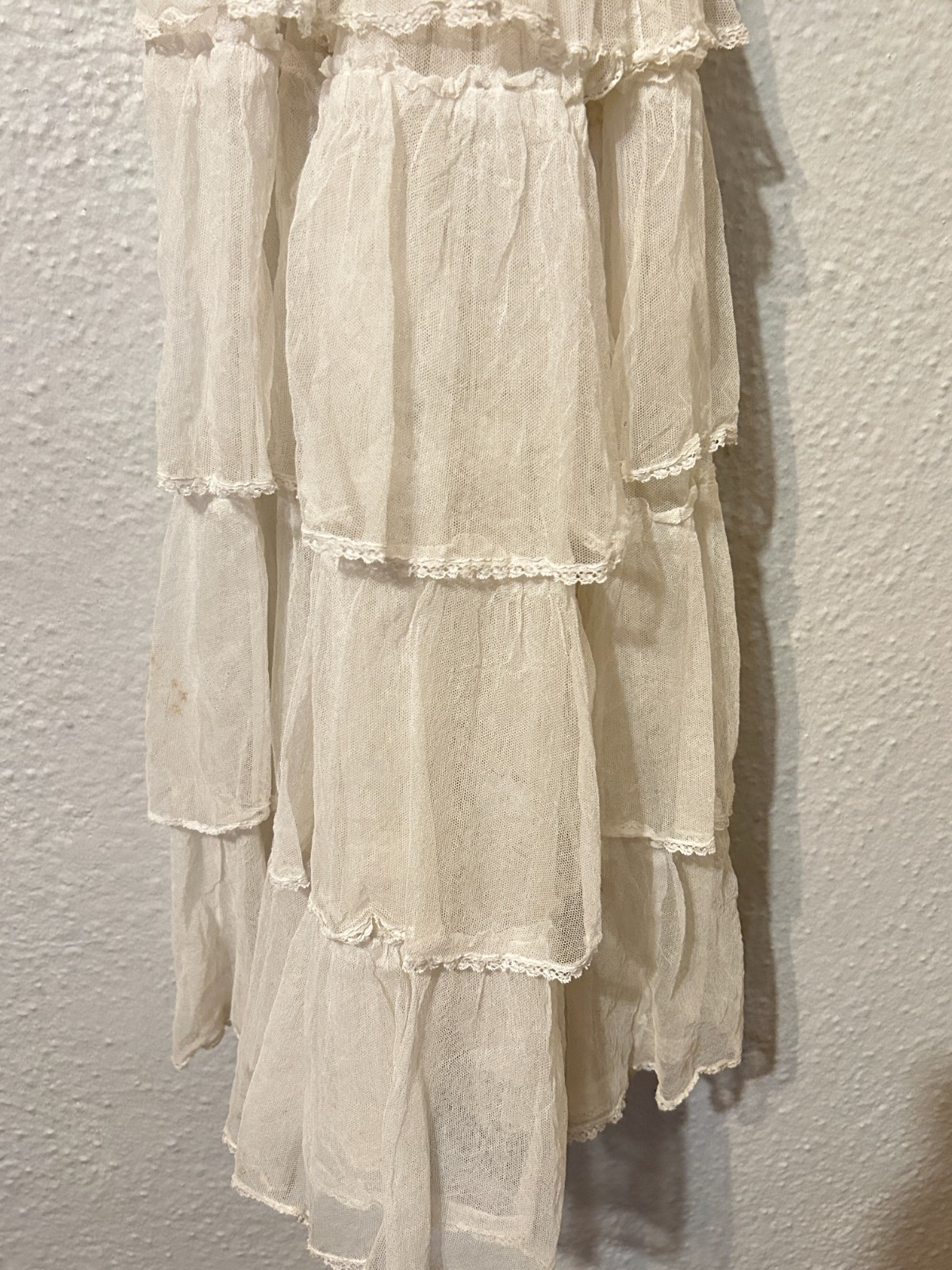 READ Edwardian Antique XXS Net Lace Gown Tea Lawn Dress Tiered Skirt Wedding