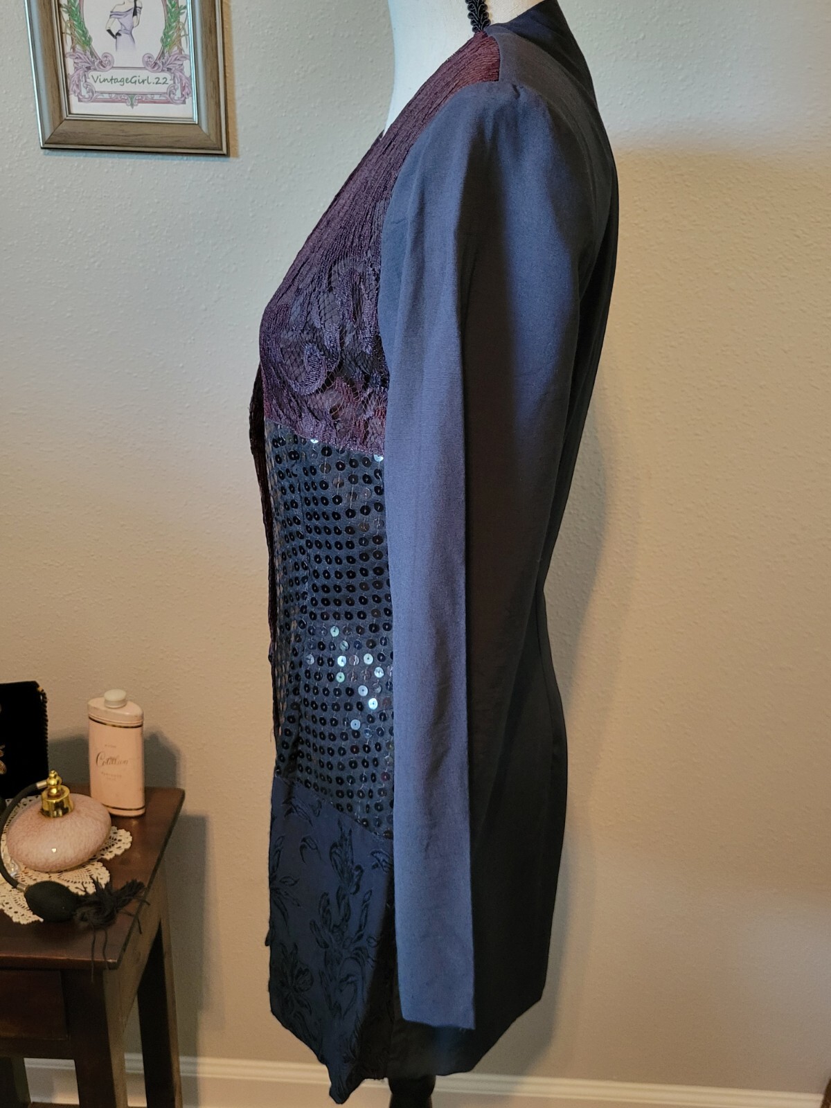 80s/90s Vintage Jacket Black Lace & Sequin Buttonup, By TARAZZIA, Size 5 Small