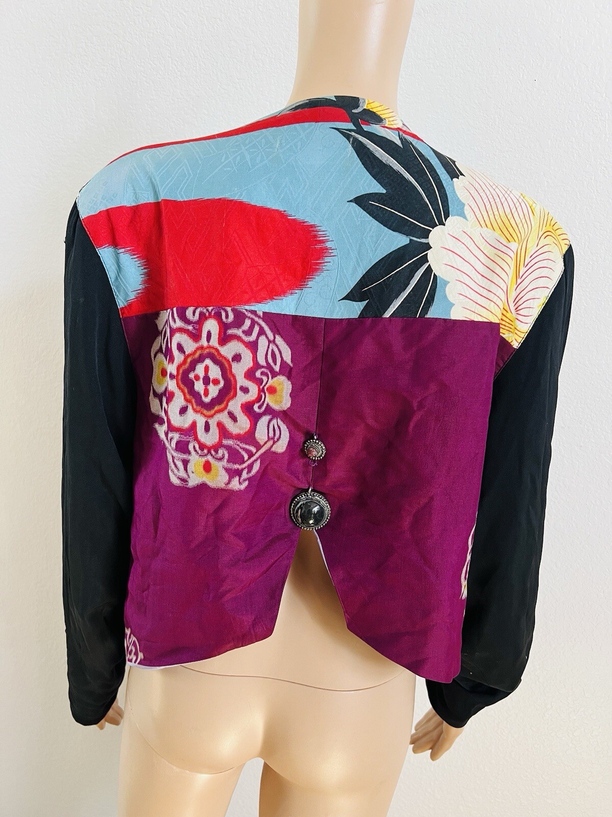 VTG Rebel Smith USA Silk* Open Jacket Floral Art Top Gemstone Accents M/L* OOAK