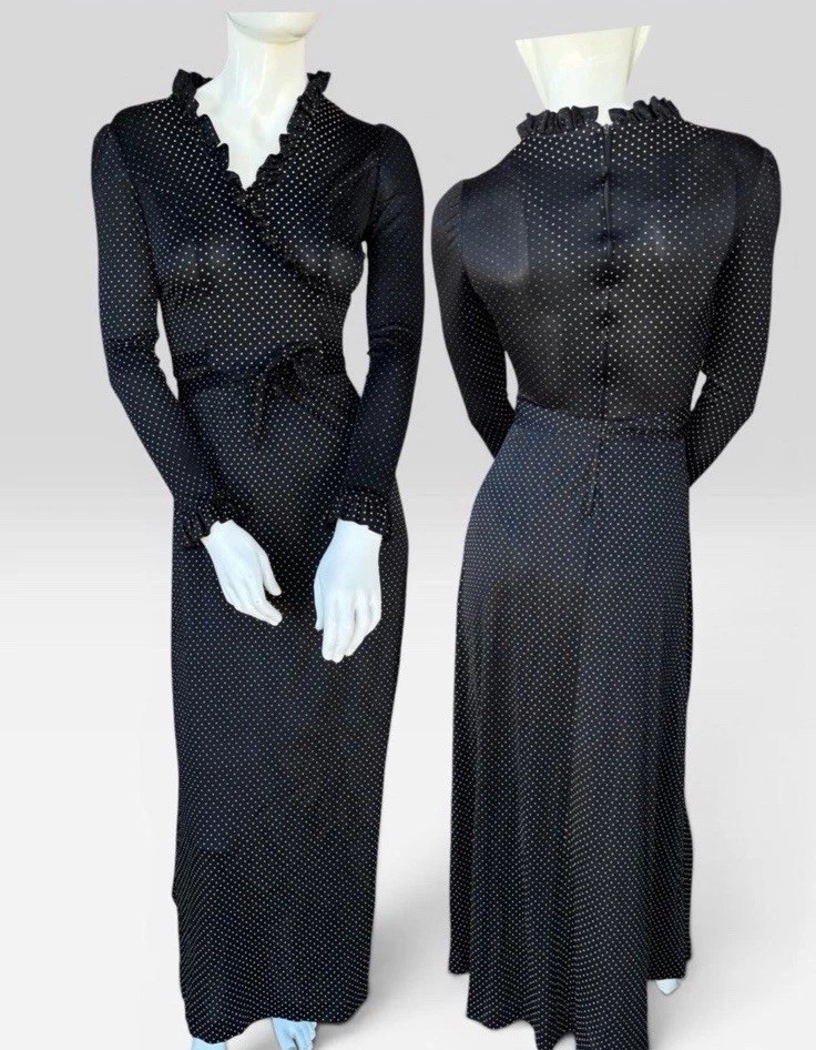 Vtg 70s ILGWU Union Made Black White Polka Dot Long Sleeve Maxi Dress Size 9