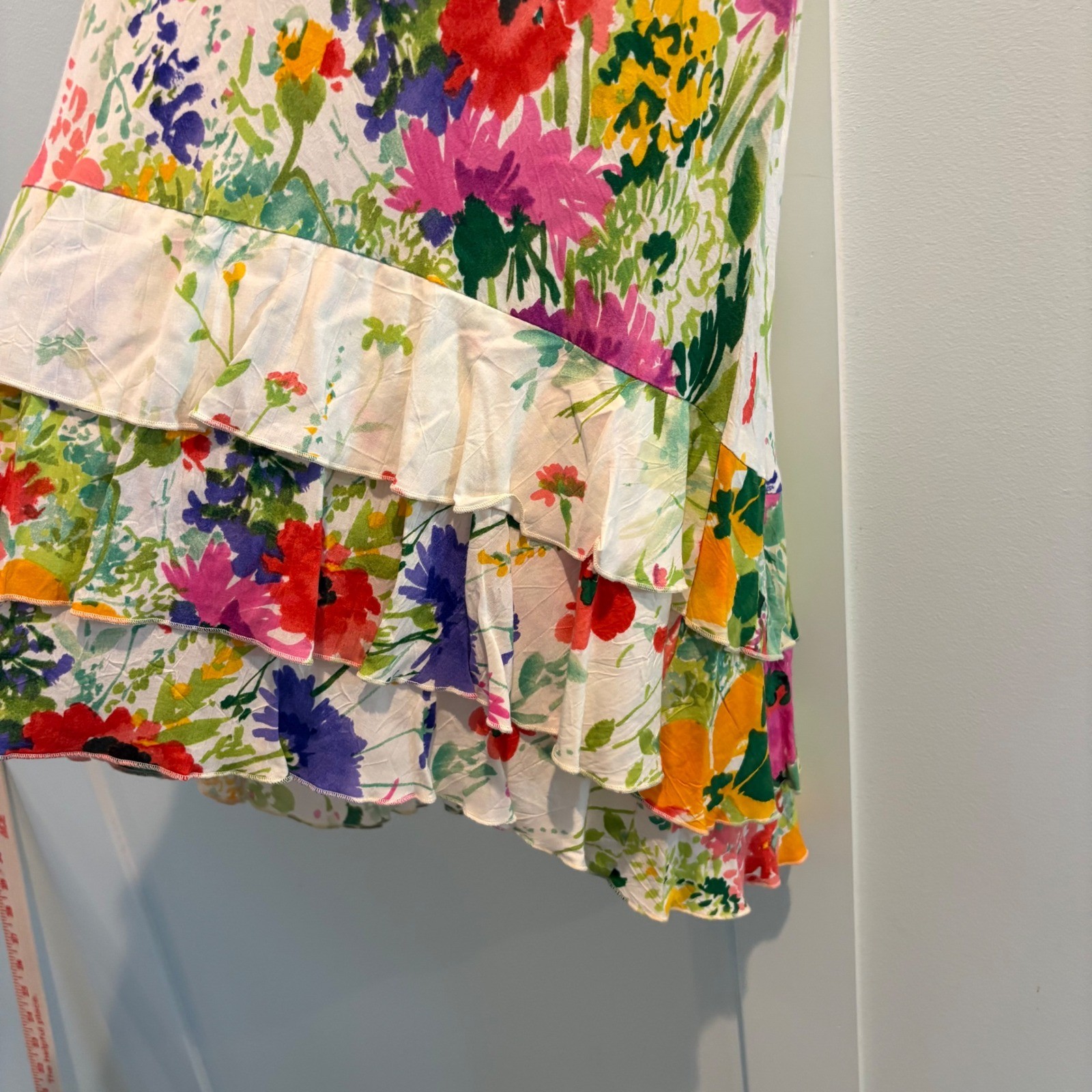 Vtg Jams World Small Floral Maxi Ruffle Skirt Rayon Cottage Bouquet Resort Art
