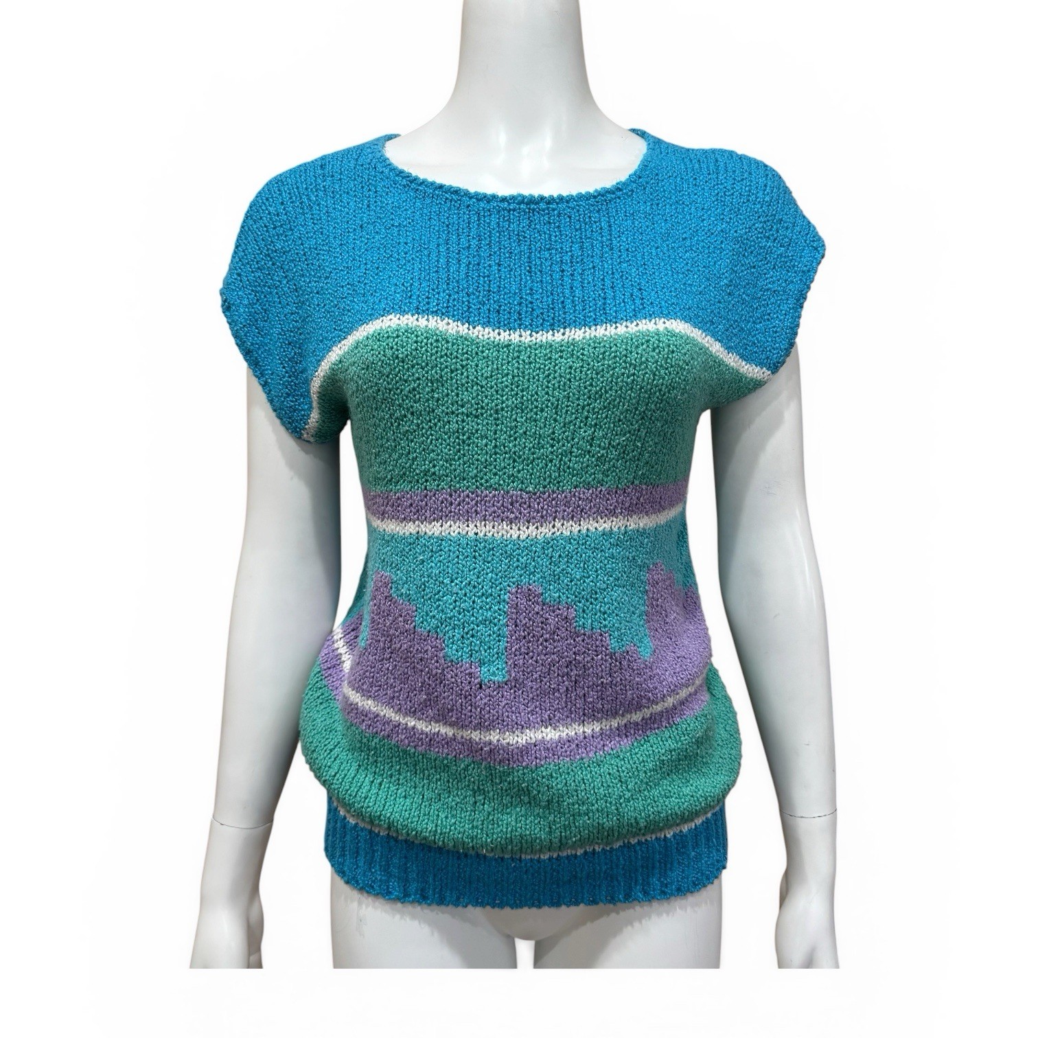 Vintage Short Sleeve Sweater Top Blue Multicolor Hippie 60s Women&rsquo;s Large