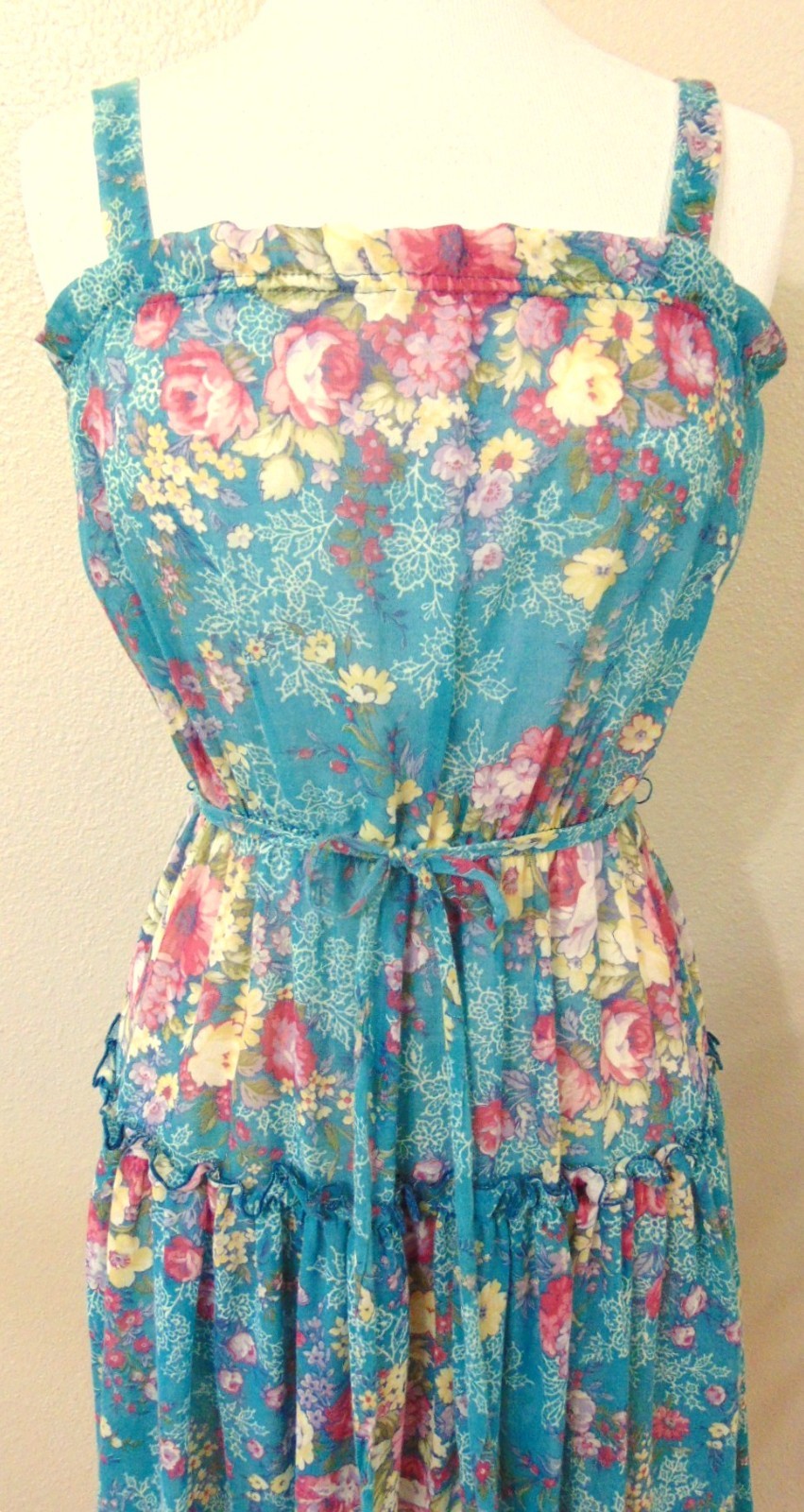 Vtg 70s Cottagecore Prairie Tiered Summer Beach Floral Spaghetti Straps Dress