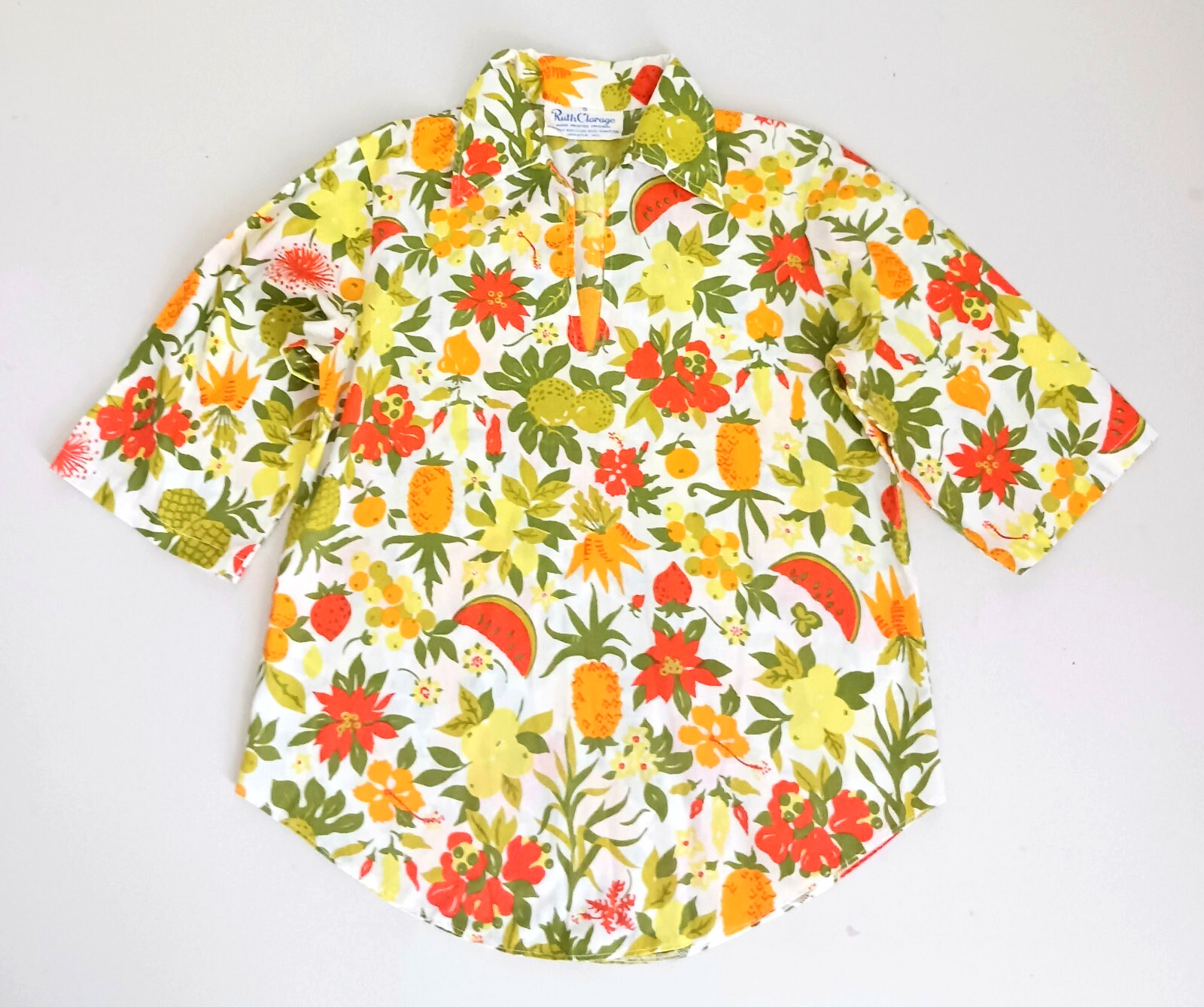 VTG Ruth Clarage Blouse Handprinted Original Fabric Jamaica Tropical Fruit Sz S