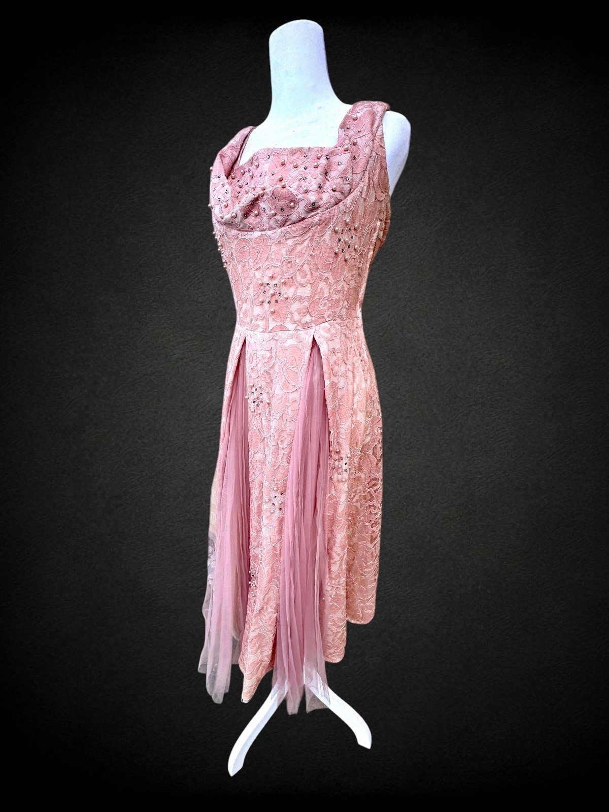 Vintage 1950s Pink Lace Cocktail Dress Pearl Rhinestone Tulle Full Skirt Party X