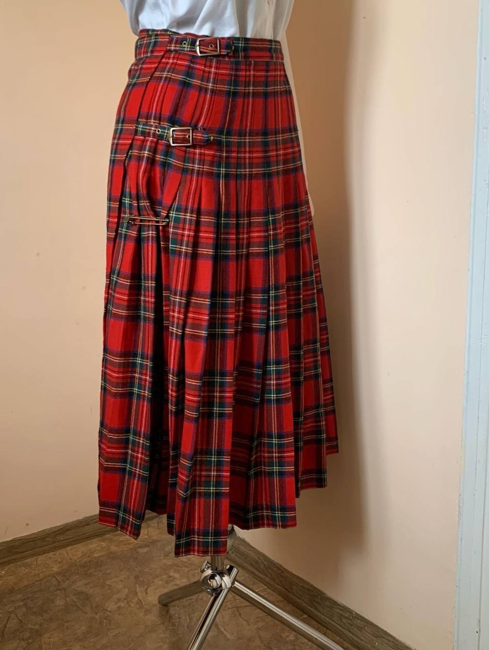 Vintage HIRSCH Scottish Kilt Skirt Pure New Wool Red Tartan Plaid Pleated EU 38