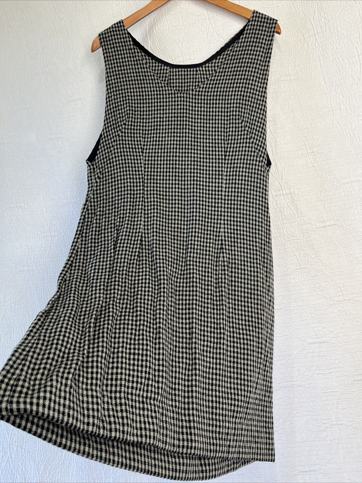 Vintage Wool Gingham Plaid Jumper Dress Pinafore Black Grey Homemade Pullover M