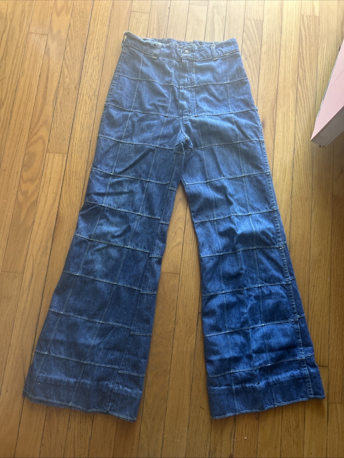 Vintage 70s Maverick Patchwork Windowpane Denim Bell Bottom Jeans Juniors 11/12