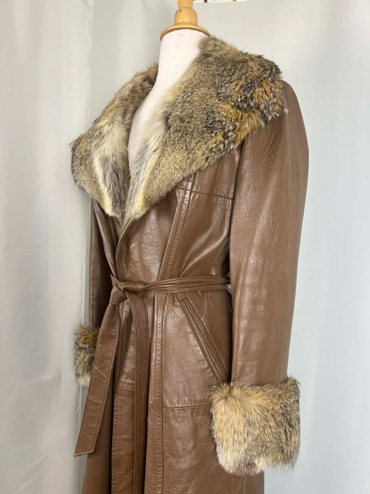 Vintage 70s New England Sportswear Full Length Kit Fox Fur Trim Leather Coat, 10