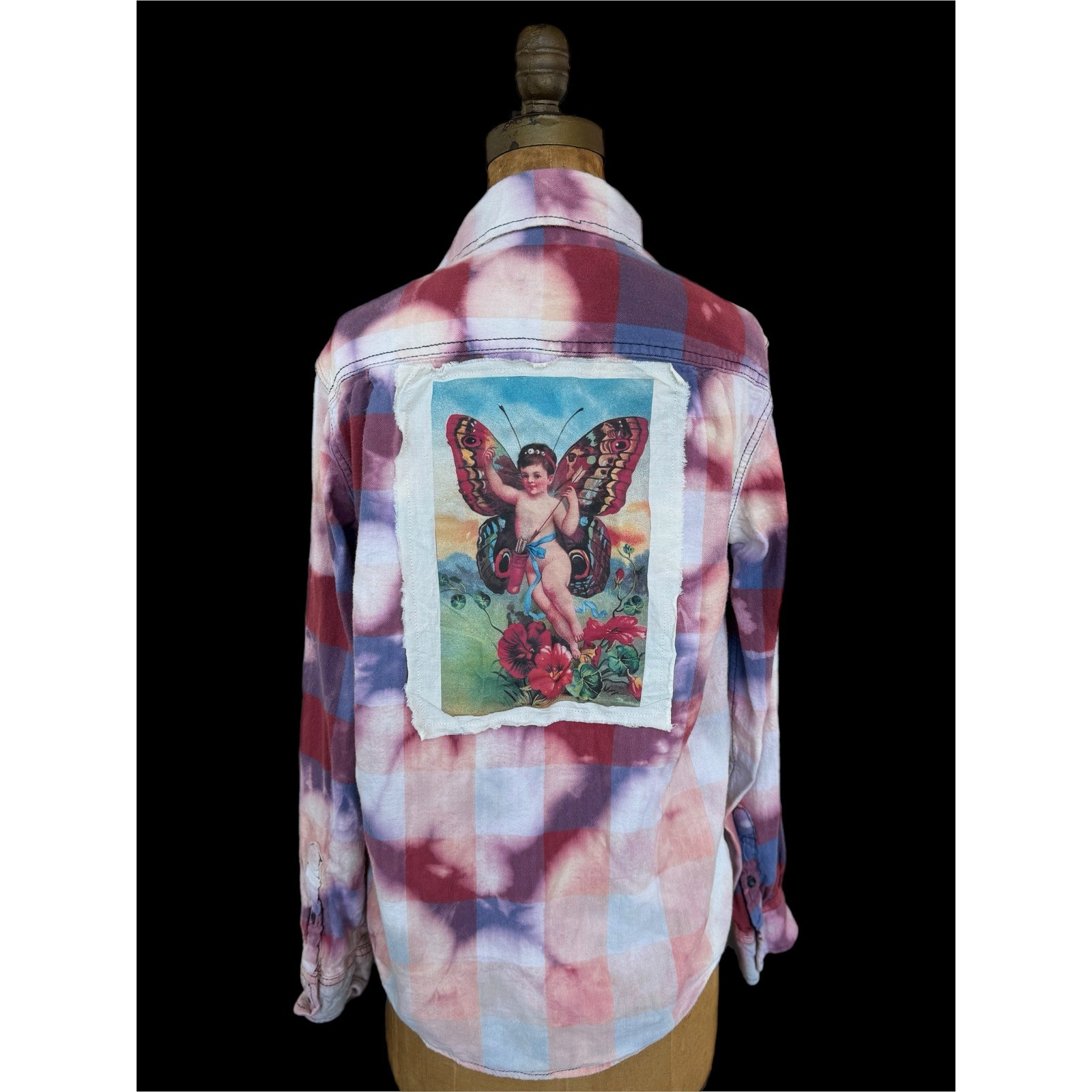 Upcycled Flannel Butterfly Cherub Patch Shirt Boho Folk Art Small