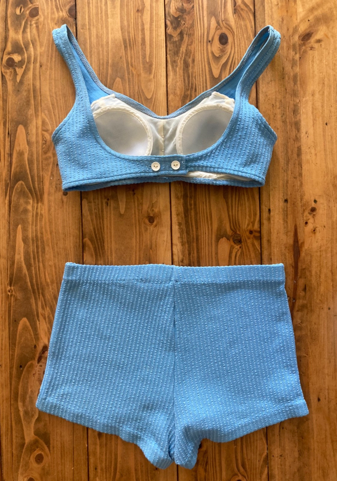 Vintage Sz 14 1960-70s Sky Blue Two Piece Bikini Set Knit Seersucker Stripe Mod
