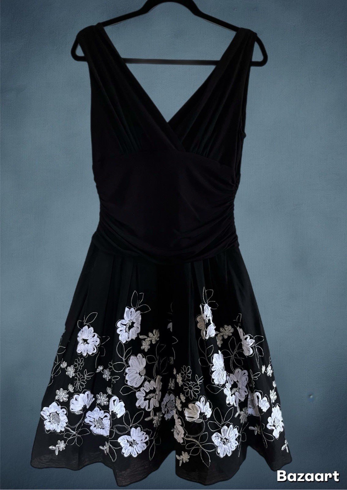 Vtg. S L Fashions Women’s Fit & Flair Swing Dress Size 12 Black Ruche Waist