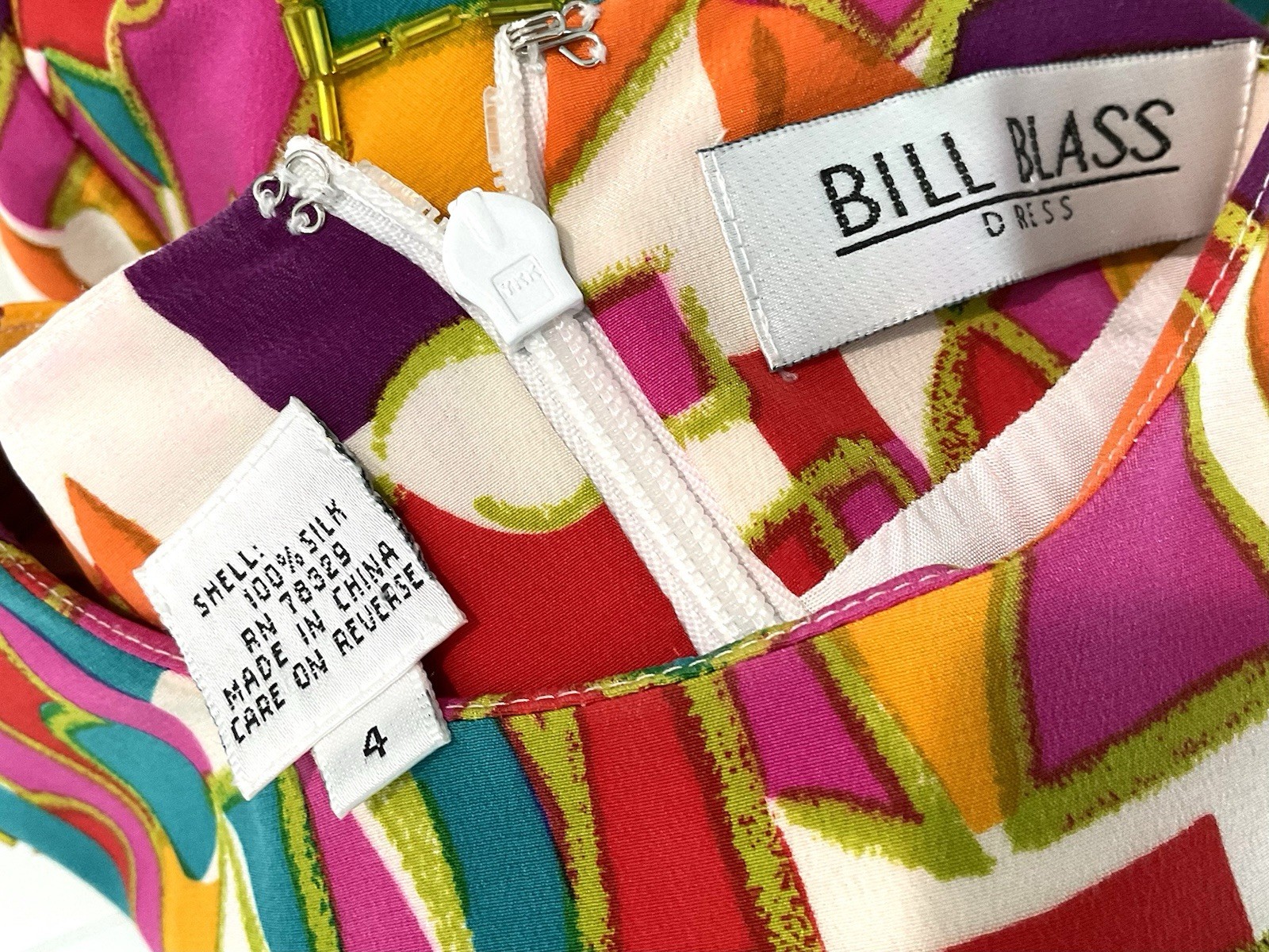 Vintage Bill Blass Silk Beaded Mod Shift Dress Geometric Colorblock Size 4