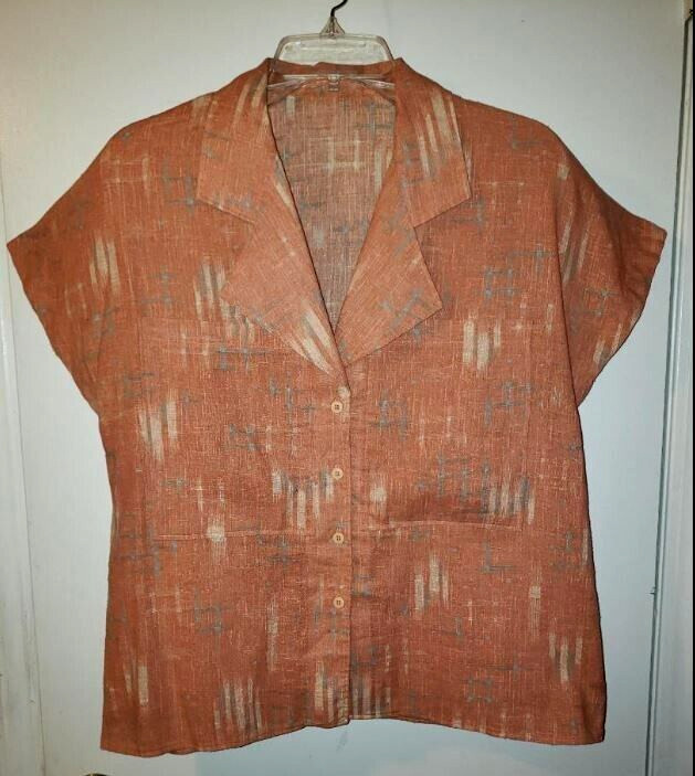 VINTAGE 80s BATWING TOP SHIRT NEW WAVE PUNK WOMENS ORANGE GRAY TEXTURED PRINT