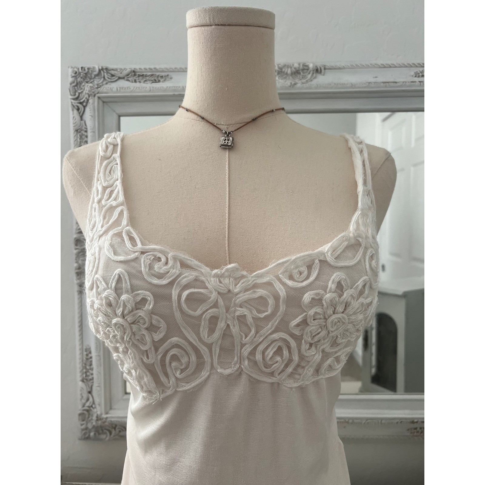 vintage cream baydoll style textured tank top with floral details