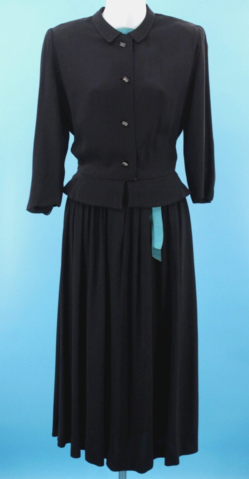 Vtg Women&rsquo;s 40s Black & Teal Trim Shirtwaist Dress W/ Peplum XS/S 1940s