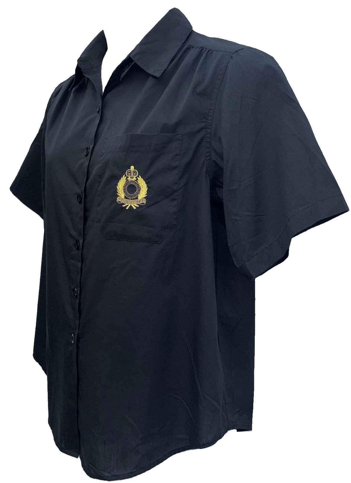 VTG Bridge Gate Women Size A8 Button Up Short Sleeve Top Black Embroidered Logo